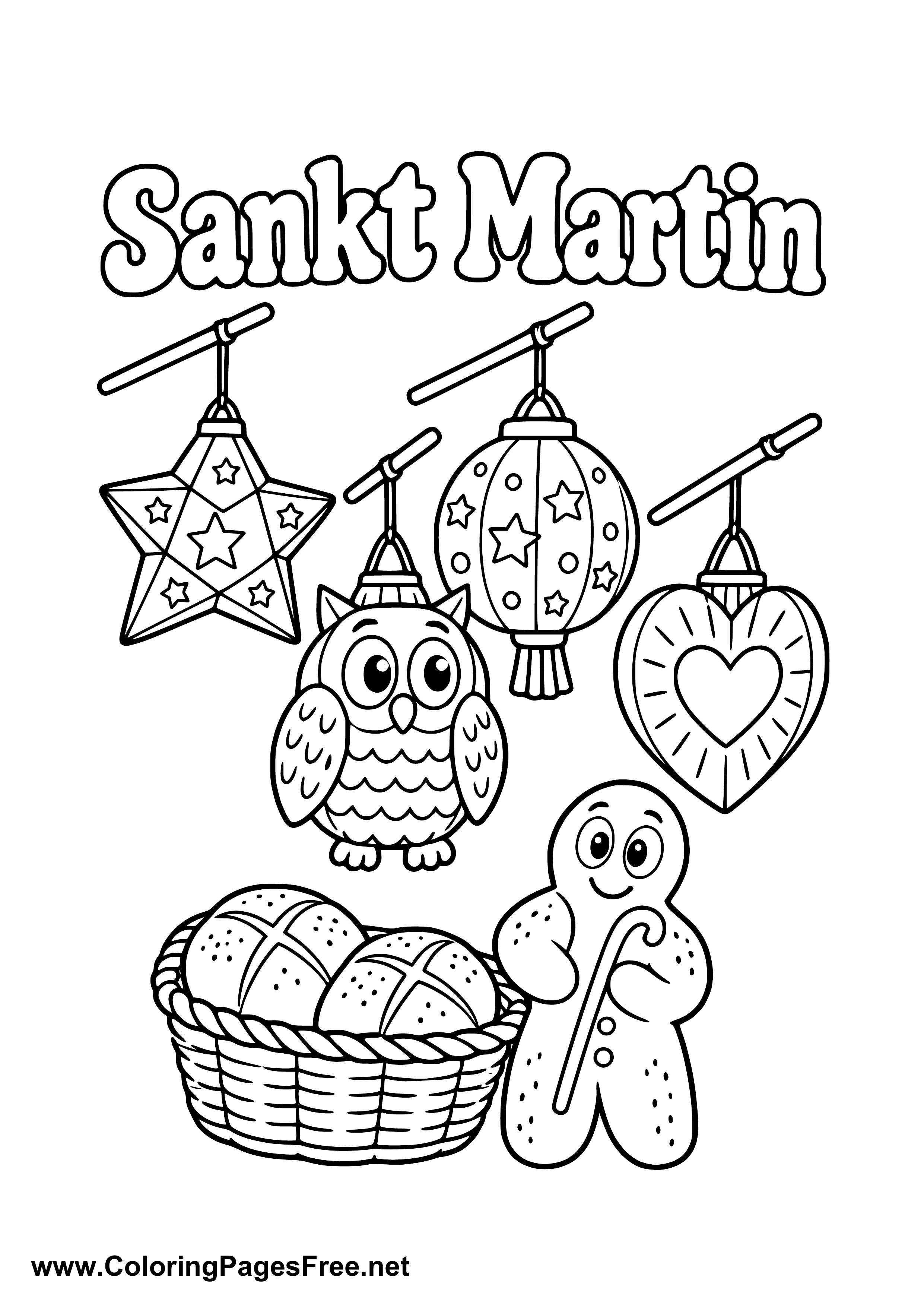 Star Lanterns Owl Lantern and Weckmann for St. Martin's Day Colouring Sheet