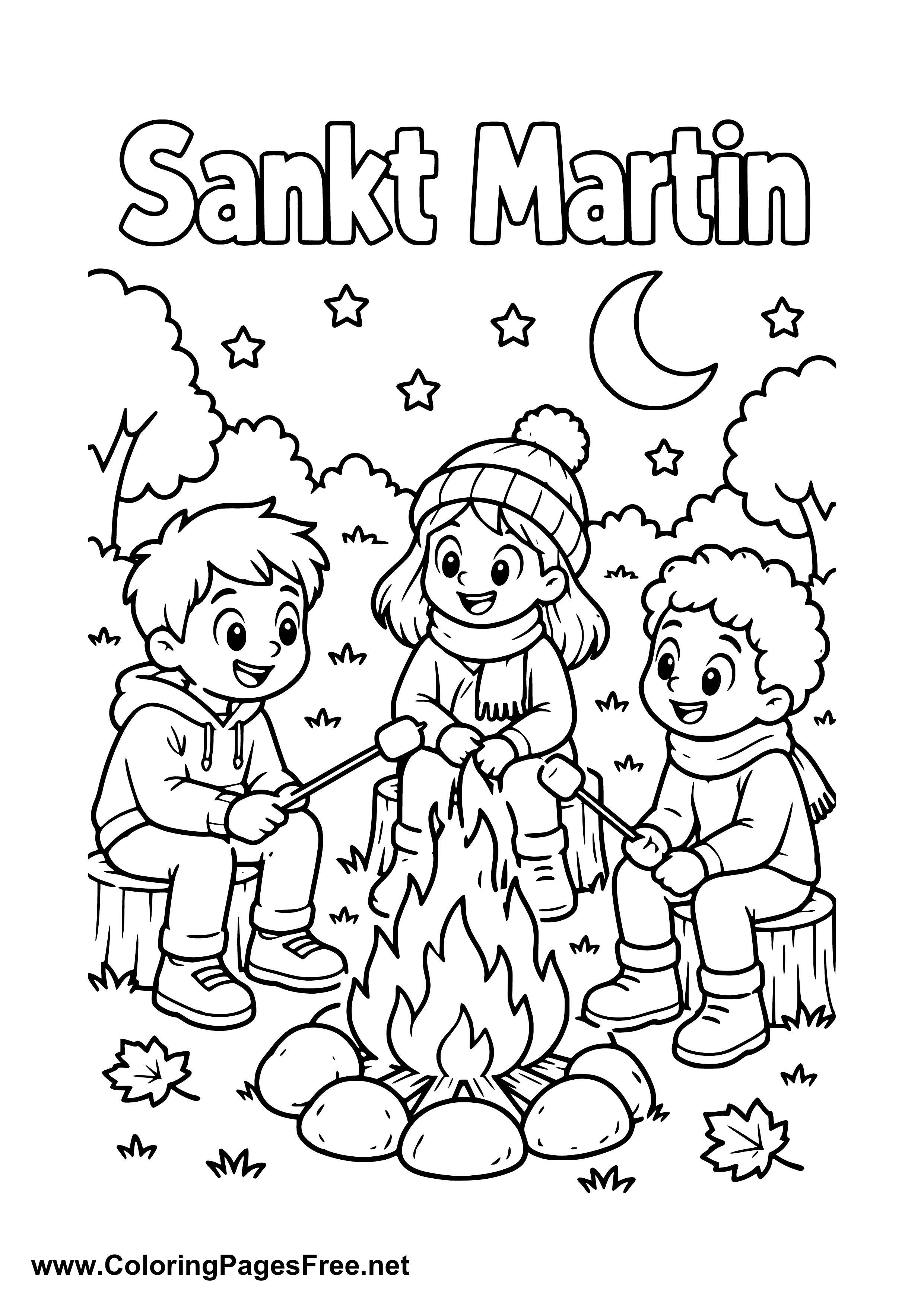 Three Children Around a St. Martin's Day Campfire Colouring Sheet
