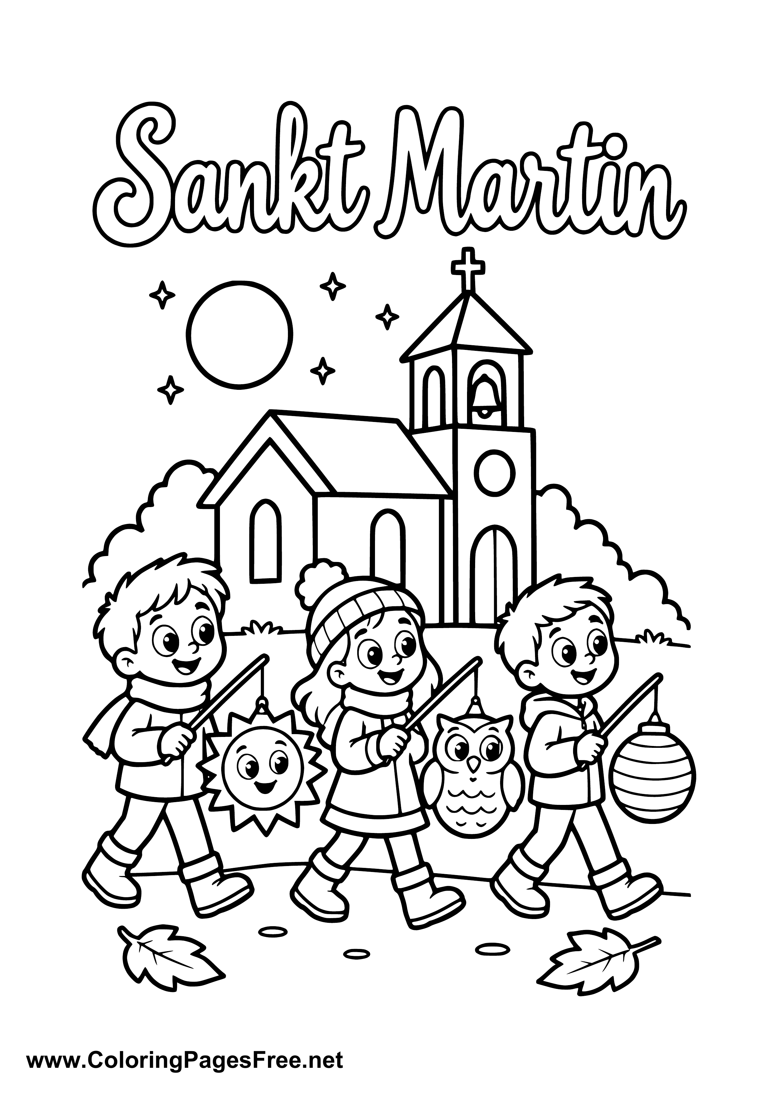 Three Children at a St. Martin's Day Parade by a Church Colouring Sheet