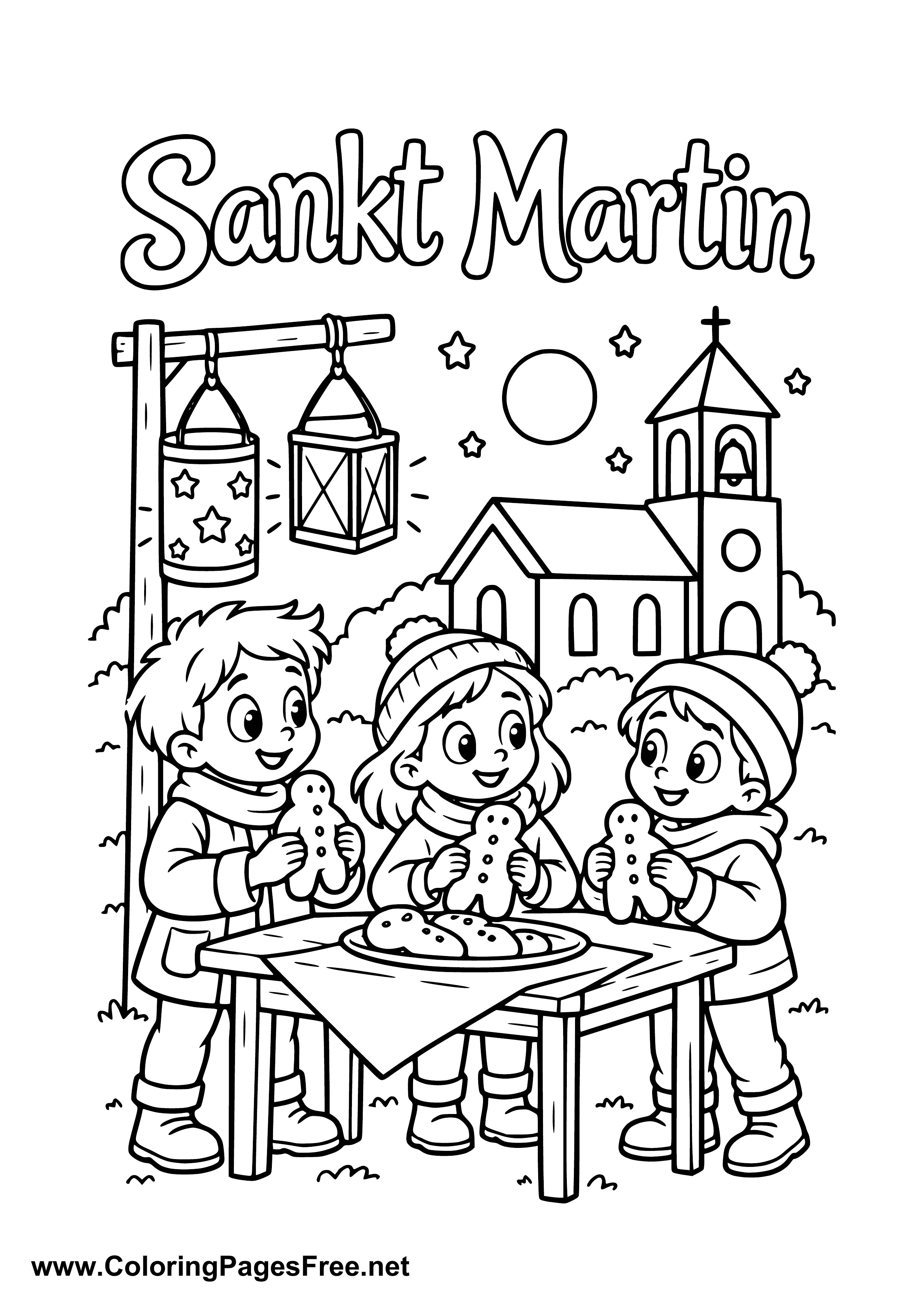 Three Children Making St. Martin's Day Treats by a Church Colouring Sheet