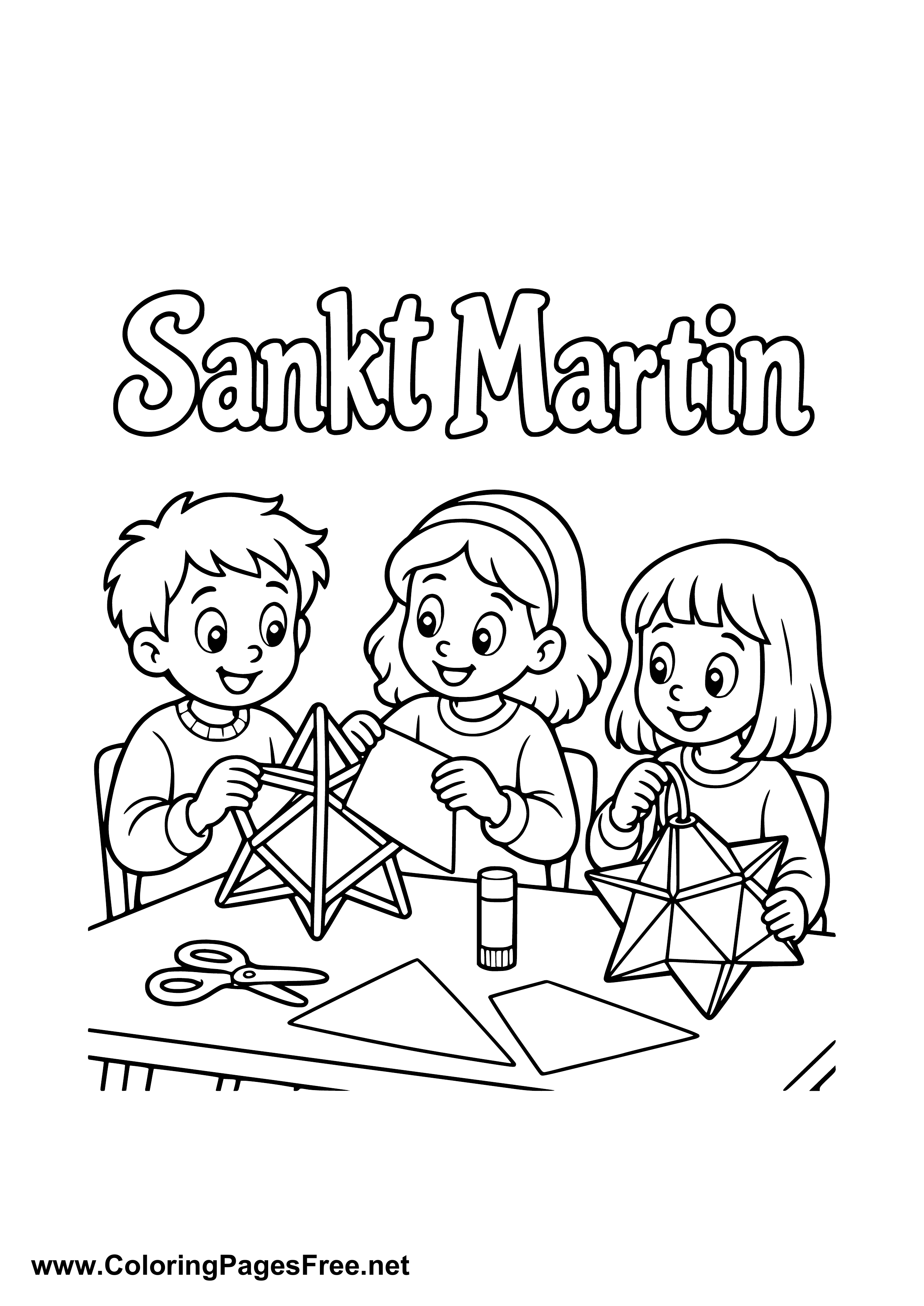 Three Children Making Star Lanterns for St. Martin's Day Colouring Sheet