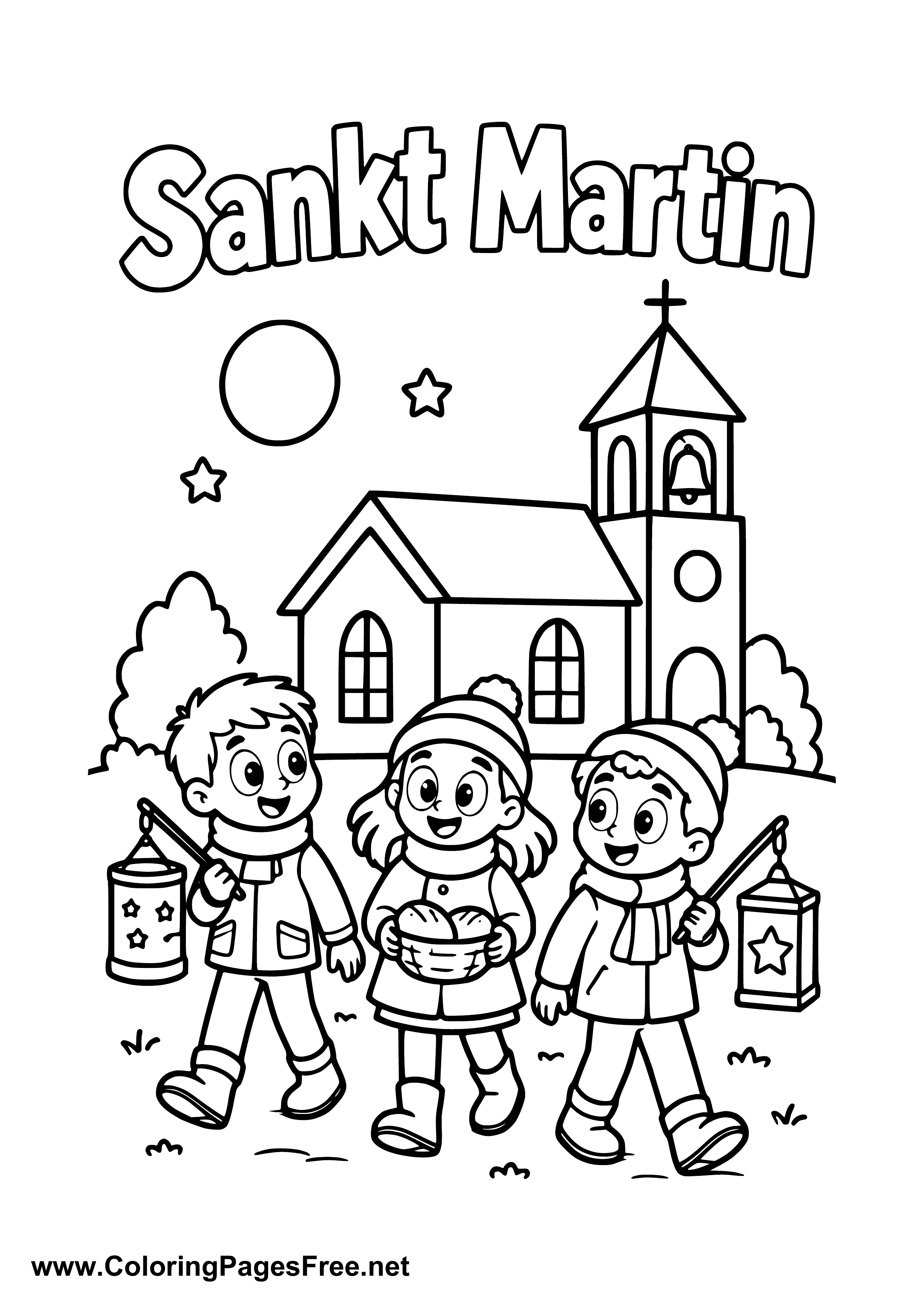 Three Children with St. Martin's Day Lanterns in the Moonlight Colouring Page