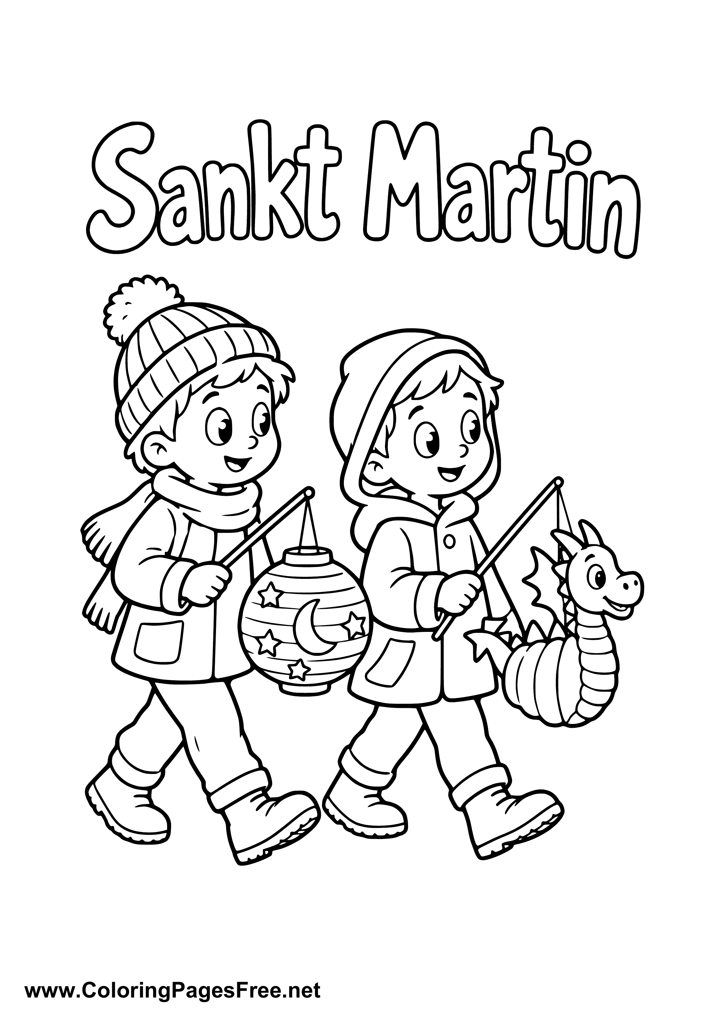 Two Children Carrying Animal Lanterns for St. Martin's Day Colouring Page