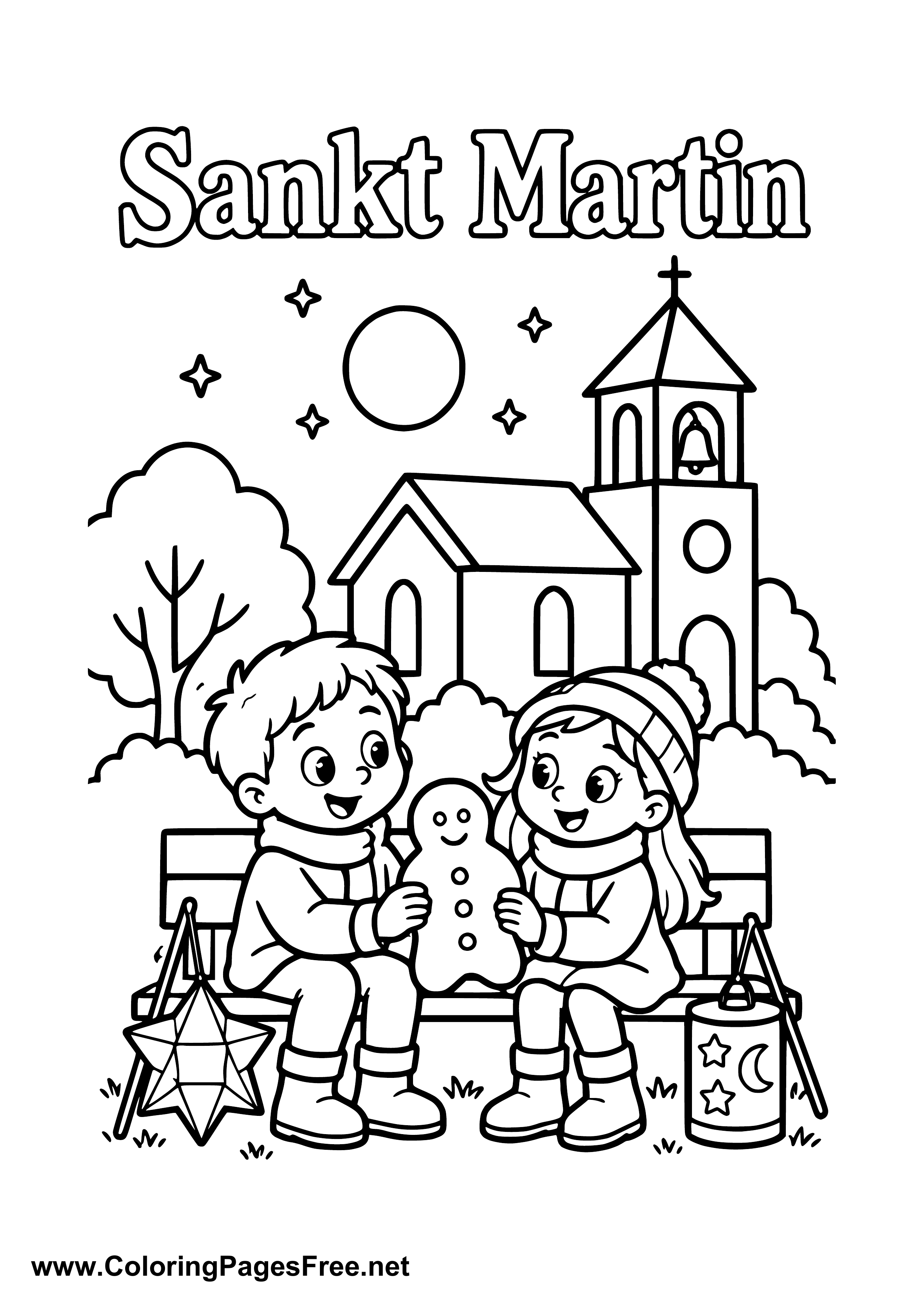 Two Children Carrying Lanterns by a Church on St. Martin's Day Colouring Sheet
