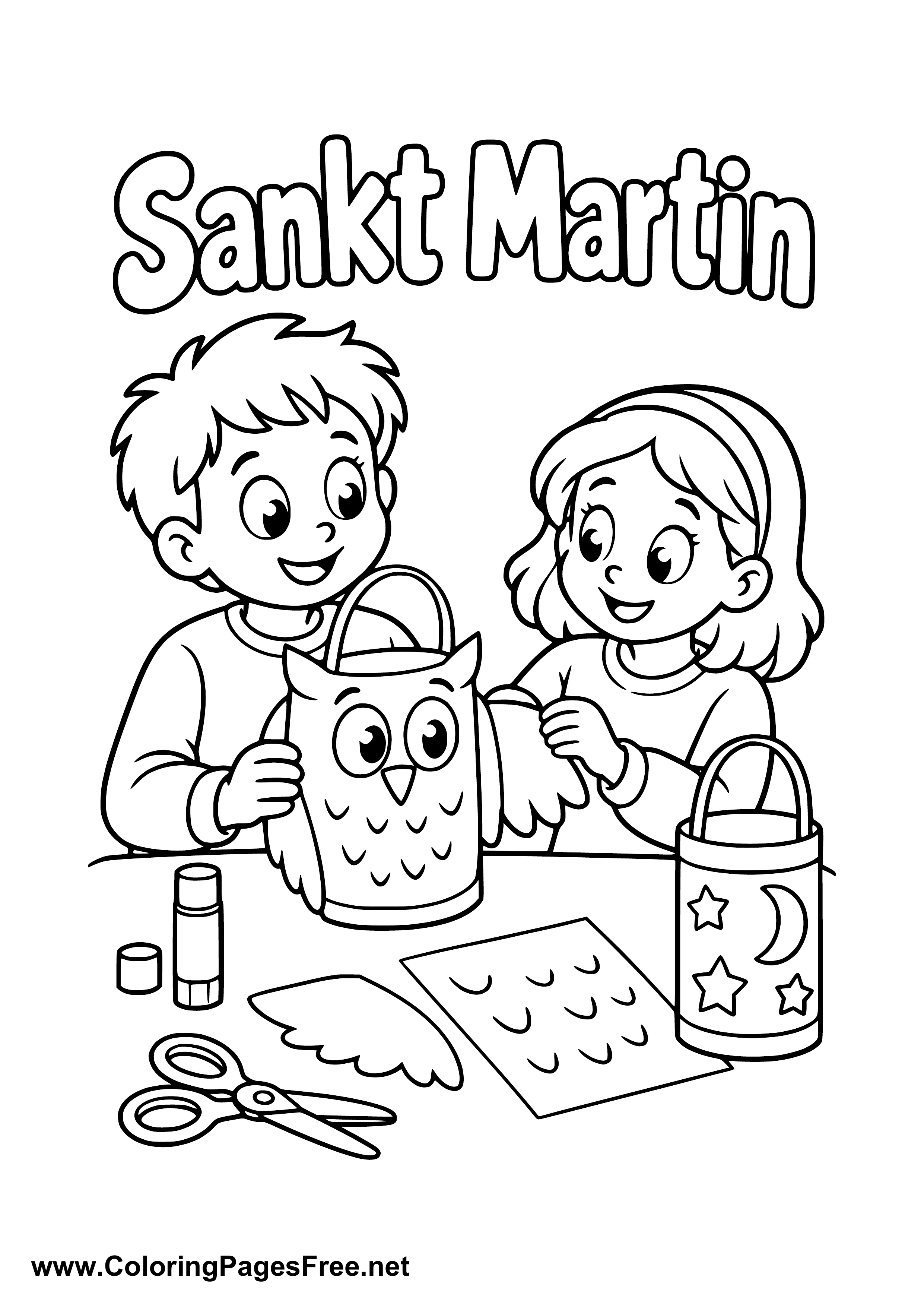 Two Children Making an Owl Lantern for St. Martin's Day Colouring Page