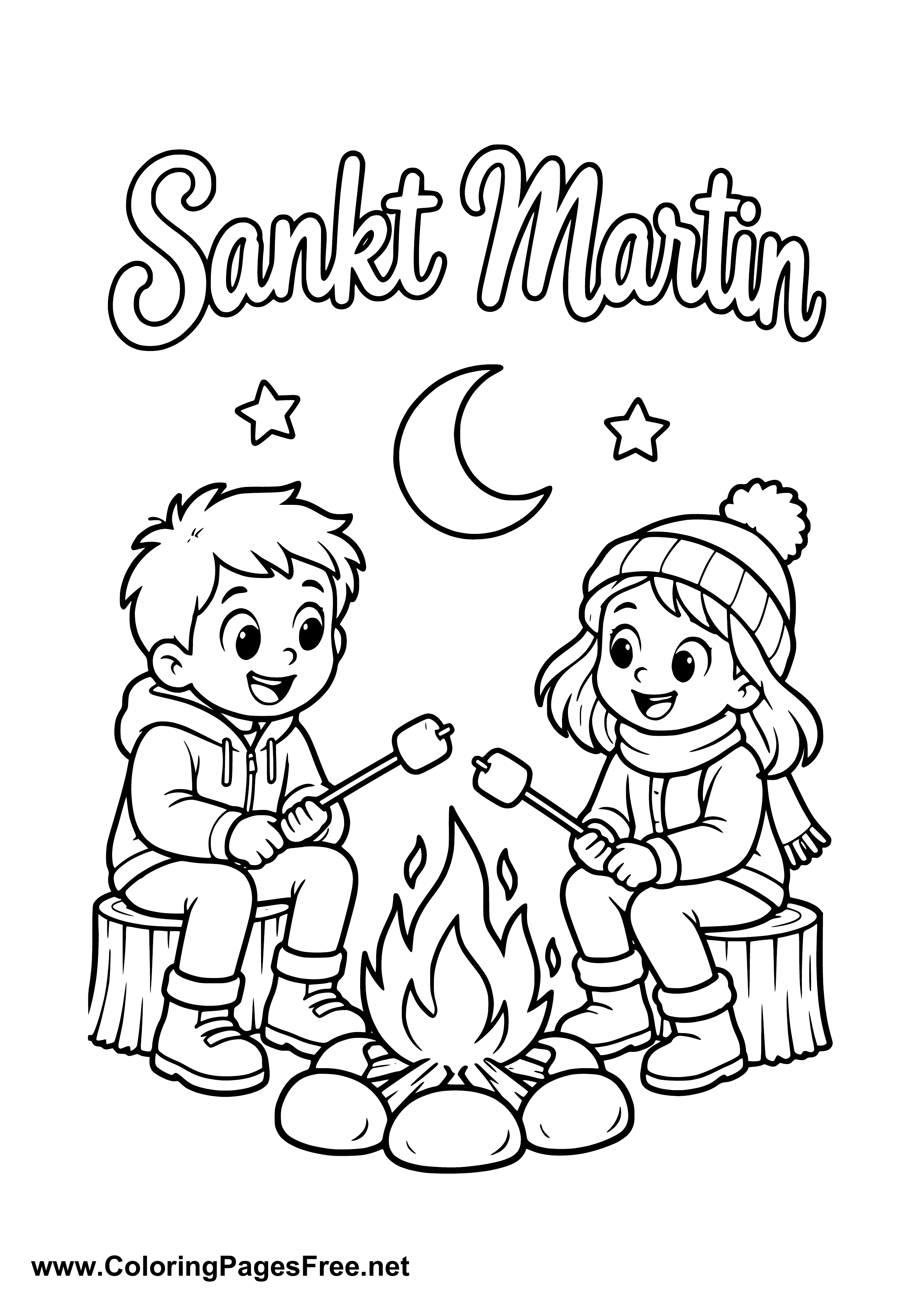 Two Children Roasting Marshmallows at a St. Martin's Day Bonfire Colouring Page
