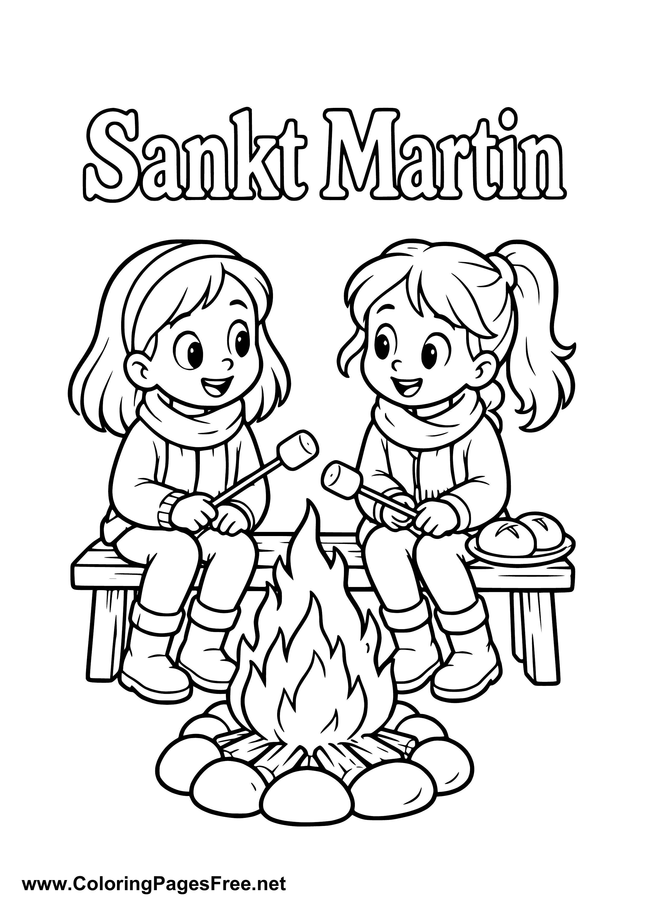 Two Children Sitting at a St. Martin's Day Bonfire Colouring Page