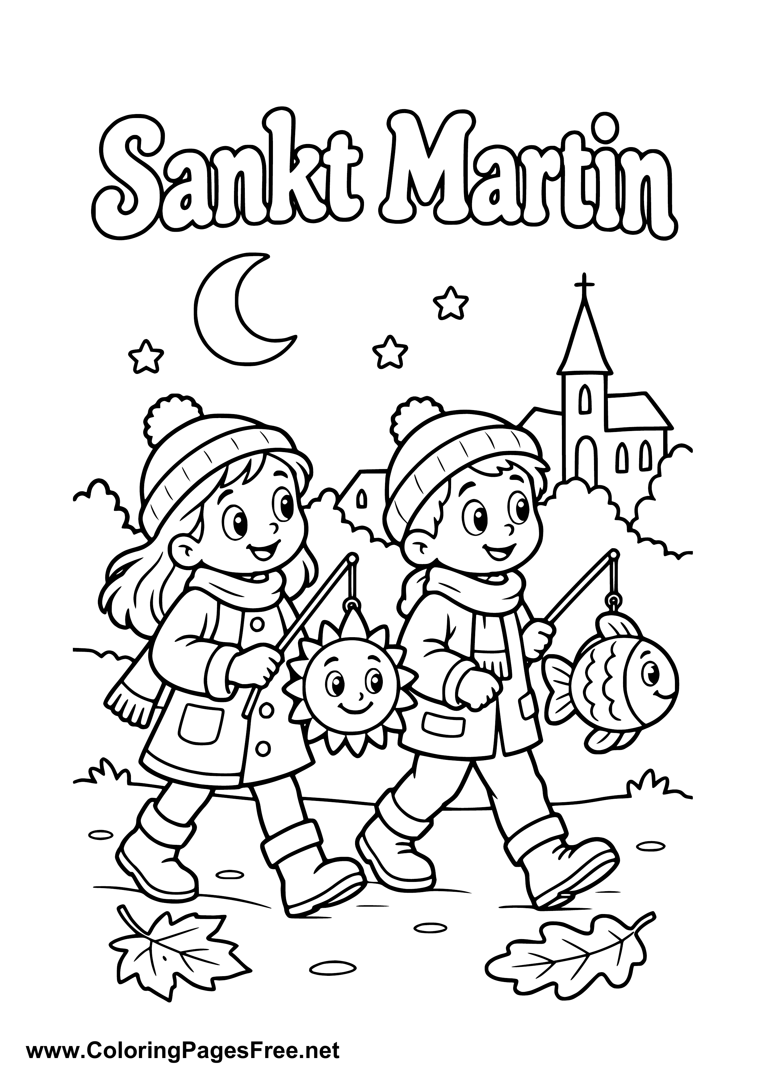 Two Children with Animal Lanterns at a St. Martin's Day Parade Colouring Page