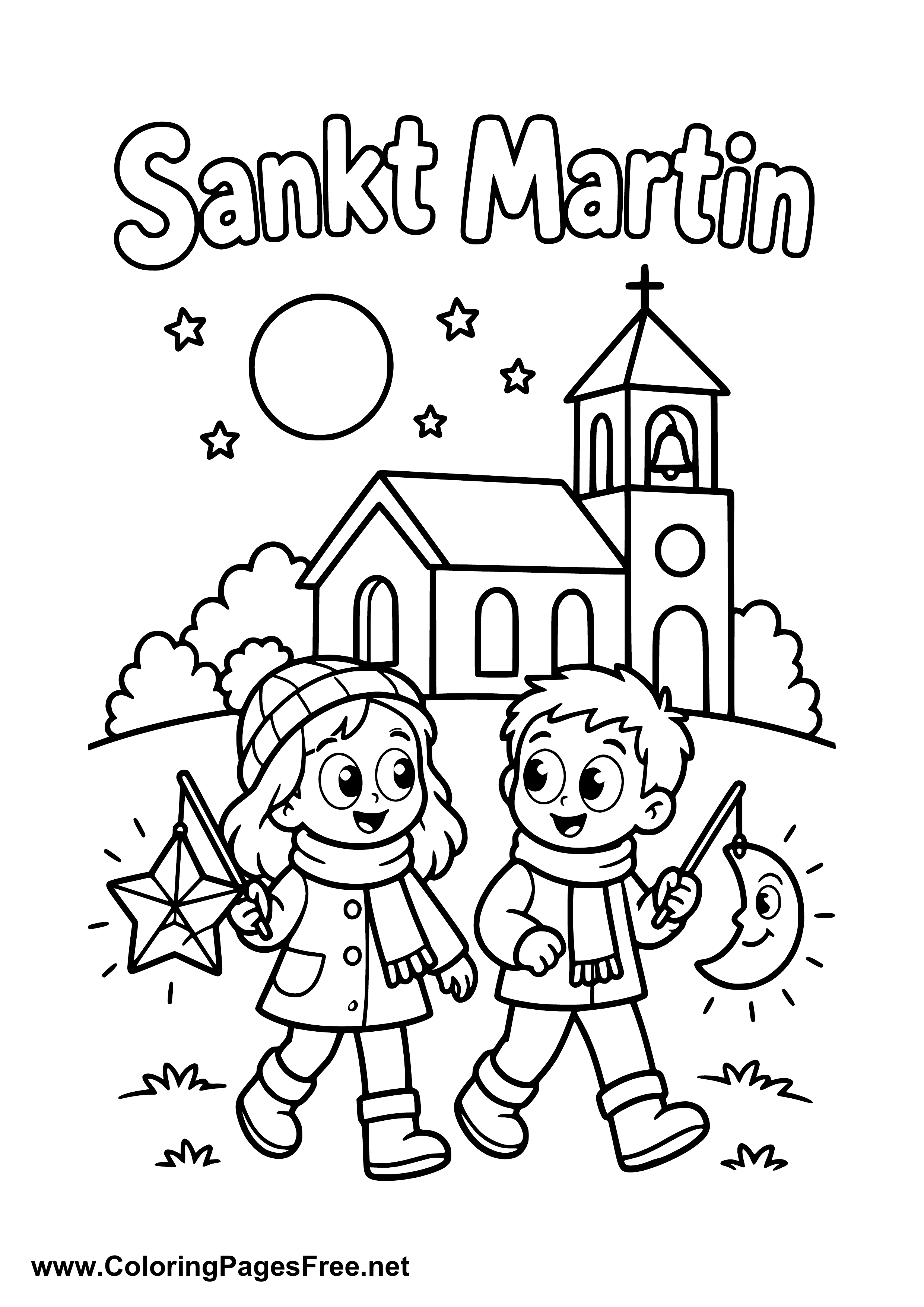 Two Children with Lanterns Outside a Church on St. Martin's Day Colouring Page
