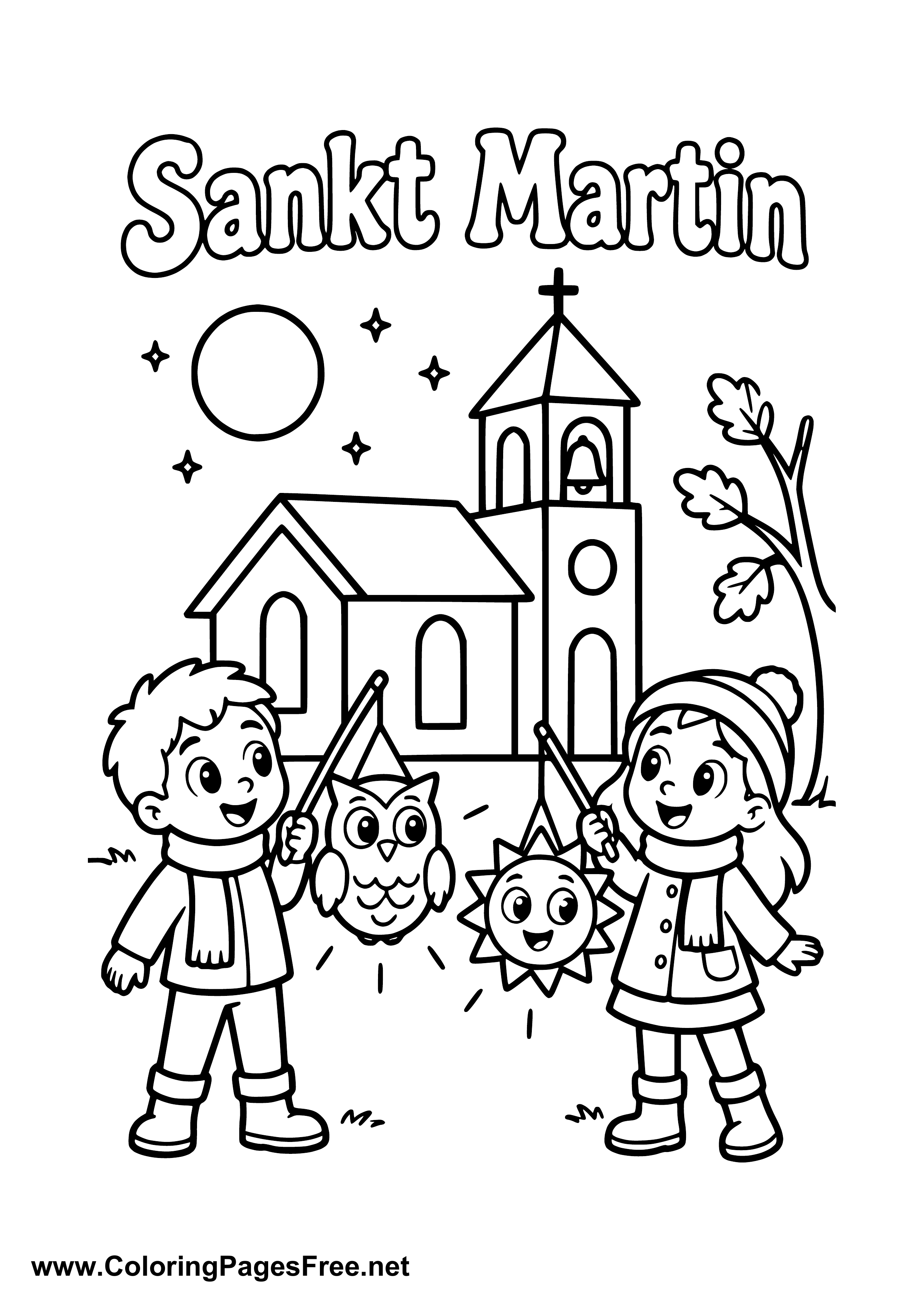 Two Children with Owl Lanterns on St. Martin's Day Colouring Page