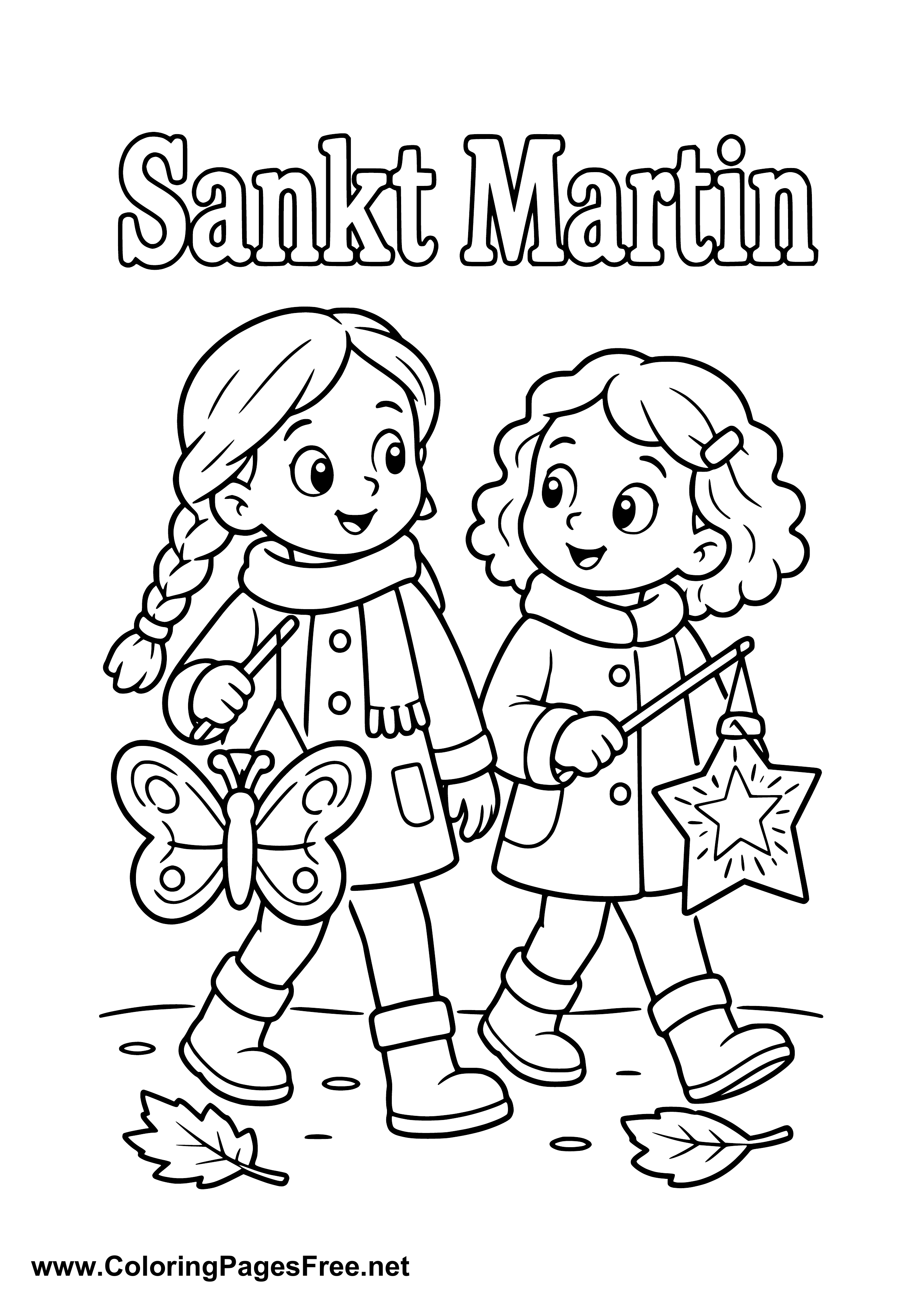 Two Girls with a Star Lantern at a St. Martin's Day Parade Colouring Sheet