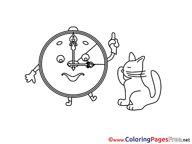 Cat Alarm Clock Colouring Sheet download Summer