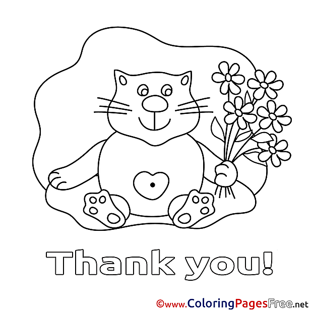 Flowers Cat Kids Thank You Coloring Page