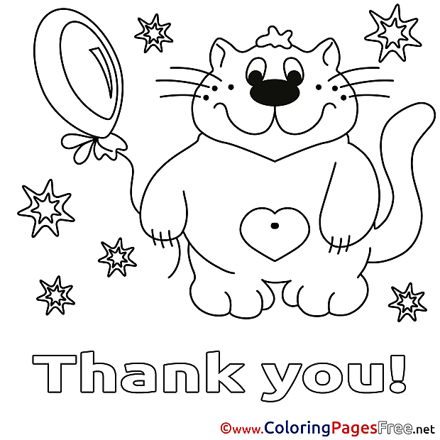 Stars Cat Balloon Children Thank You Colouring Page