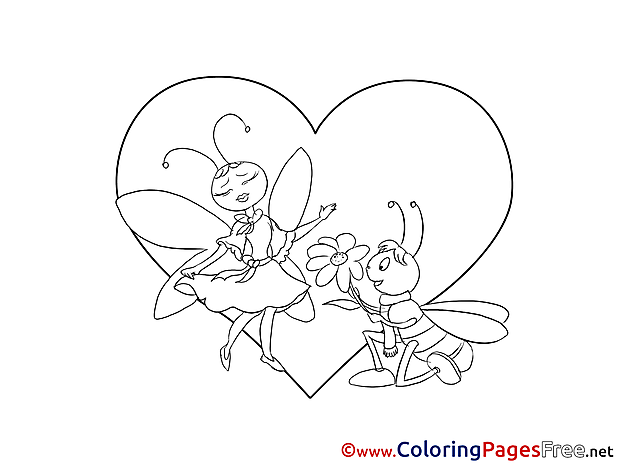 Bugs Love free Colouring Page Valentine's Day