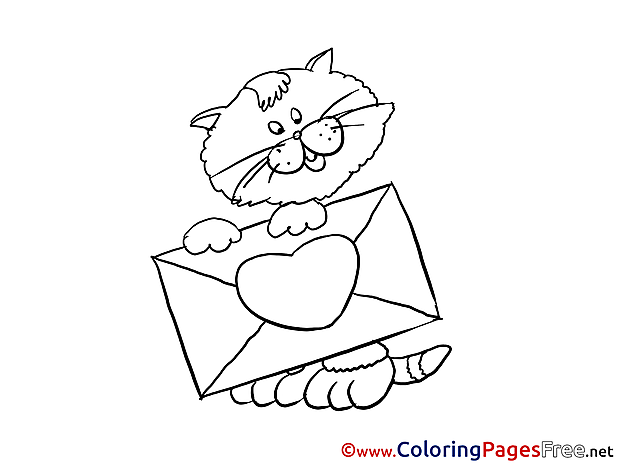 Cat Letter for Kids Valentine's Day Colouring Page