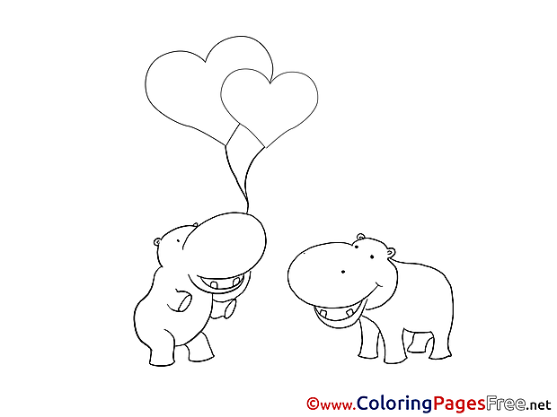 Hippos Balloons Kids Valentine's Day Coloring Pages
