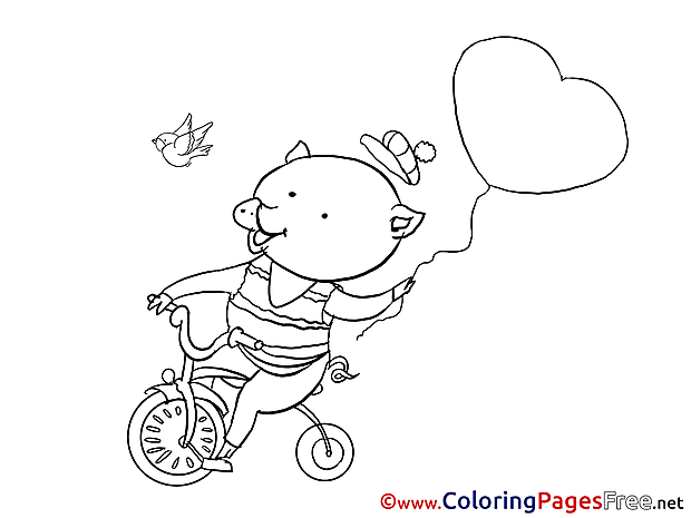 Piggy Bicycle Valentine's Day Balloon Coloring Pages free