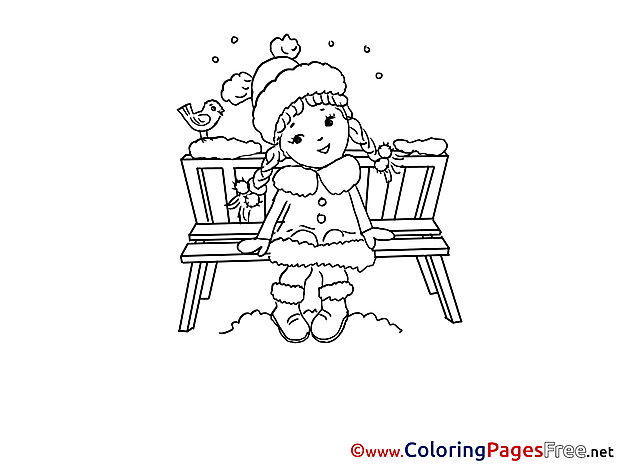 Bench Winter Girl Coloring Page for Kids