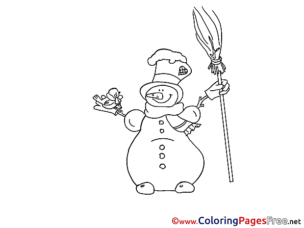 Broom Winter Snowman Coloring Page  for Kids