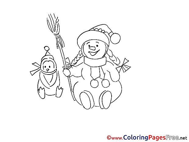 Broom Winter Snowman Colouring Page for Children