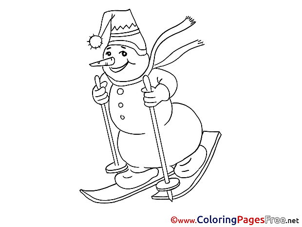 Ski Snowman Winter free Colouring Page