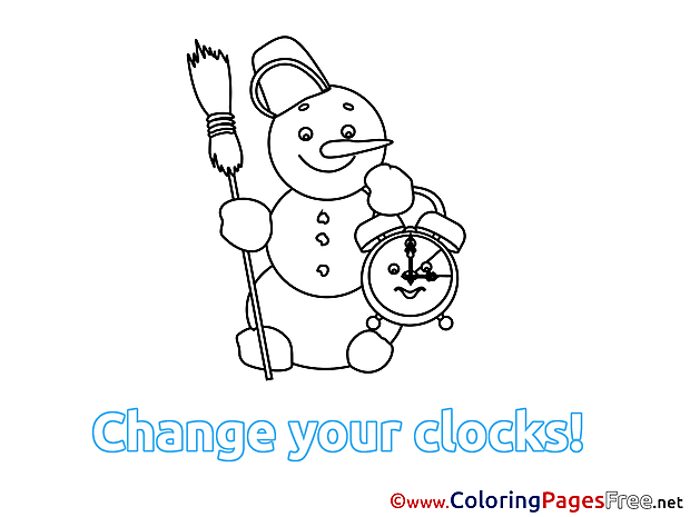 Snowman Winter Clock free Colouring Page