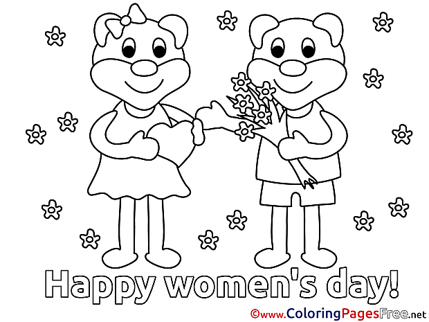 Bears Flowers Children Women's Day Colouring Page