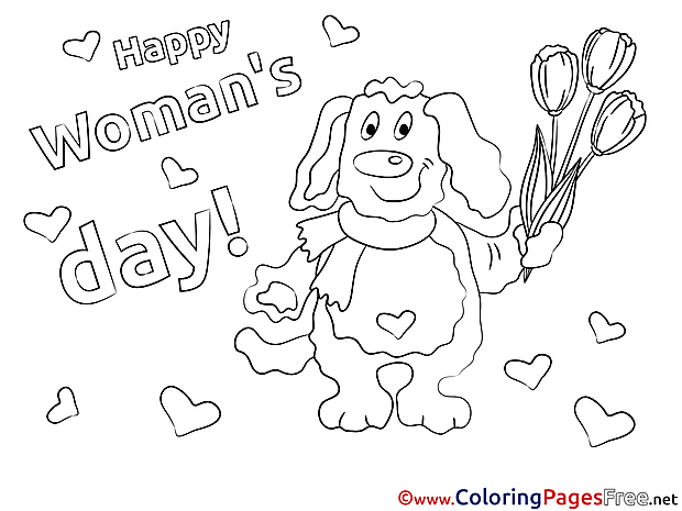 Tulips Dog for Kids Women's Day Colouring Page