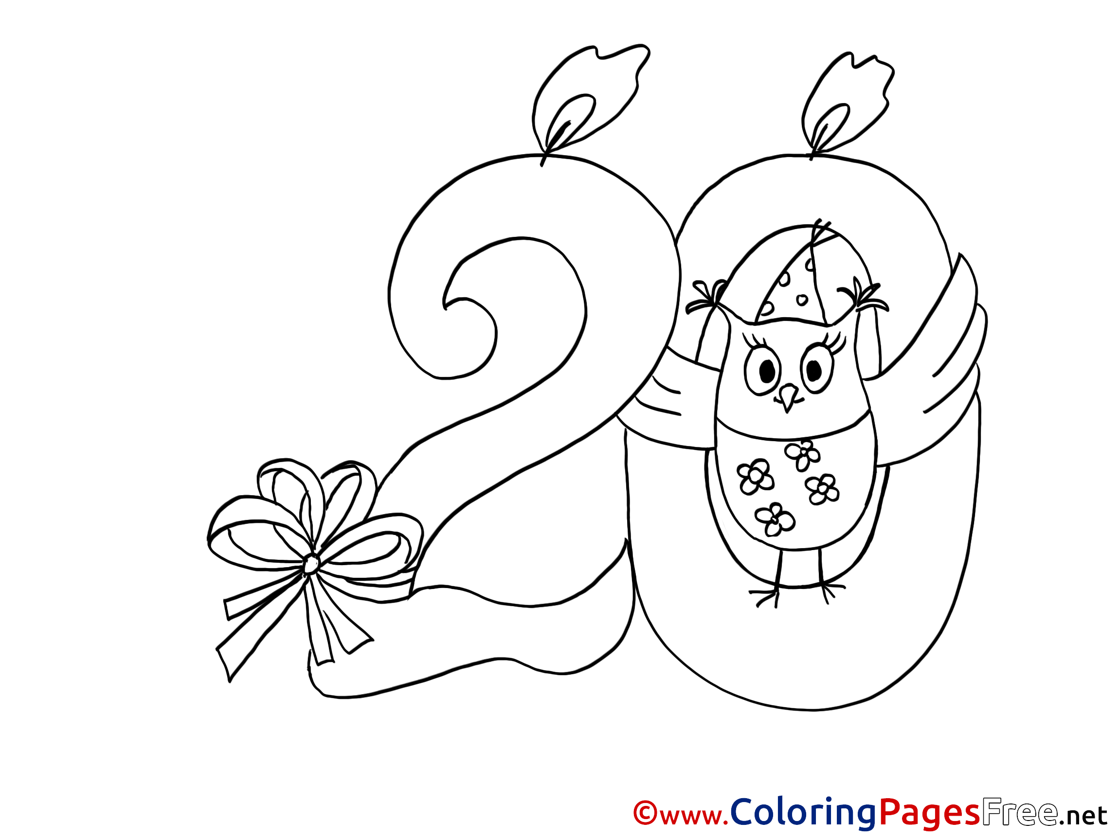Owl 20 Years Colouring Page Birthday free
