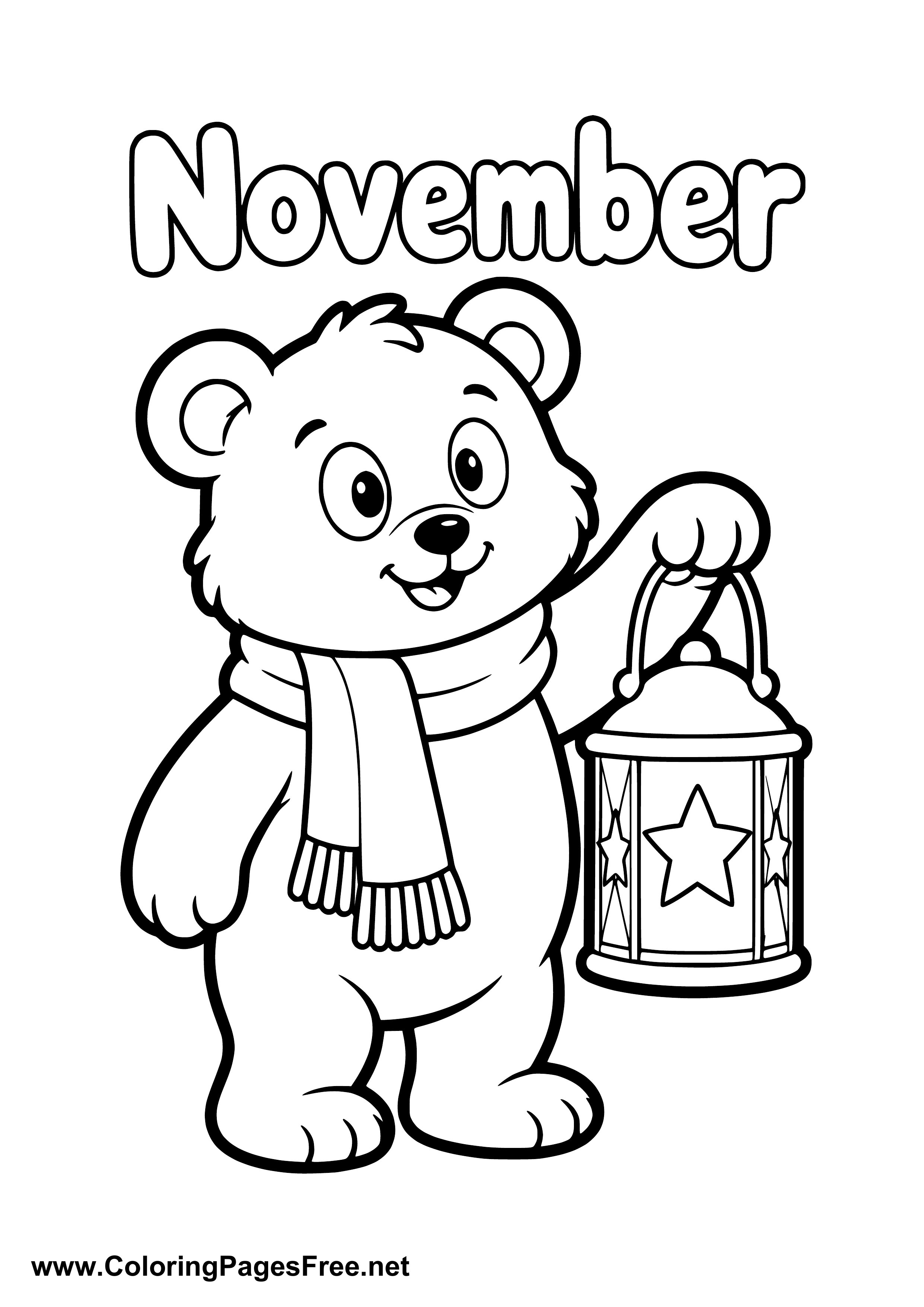 November Name Graphics November Coloring Page of Bear with Star Lantern