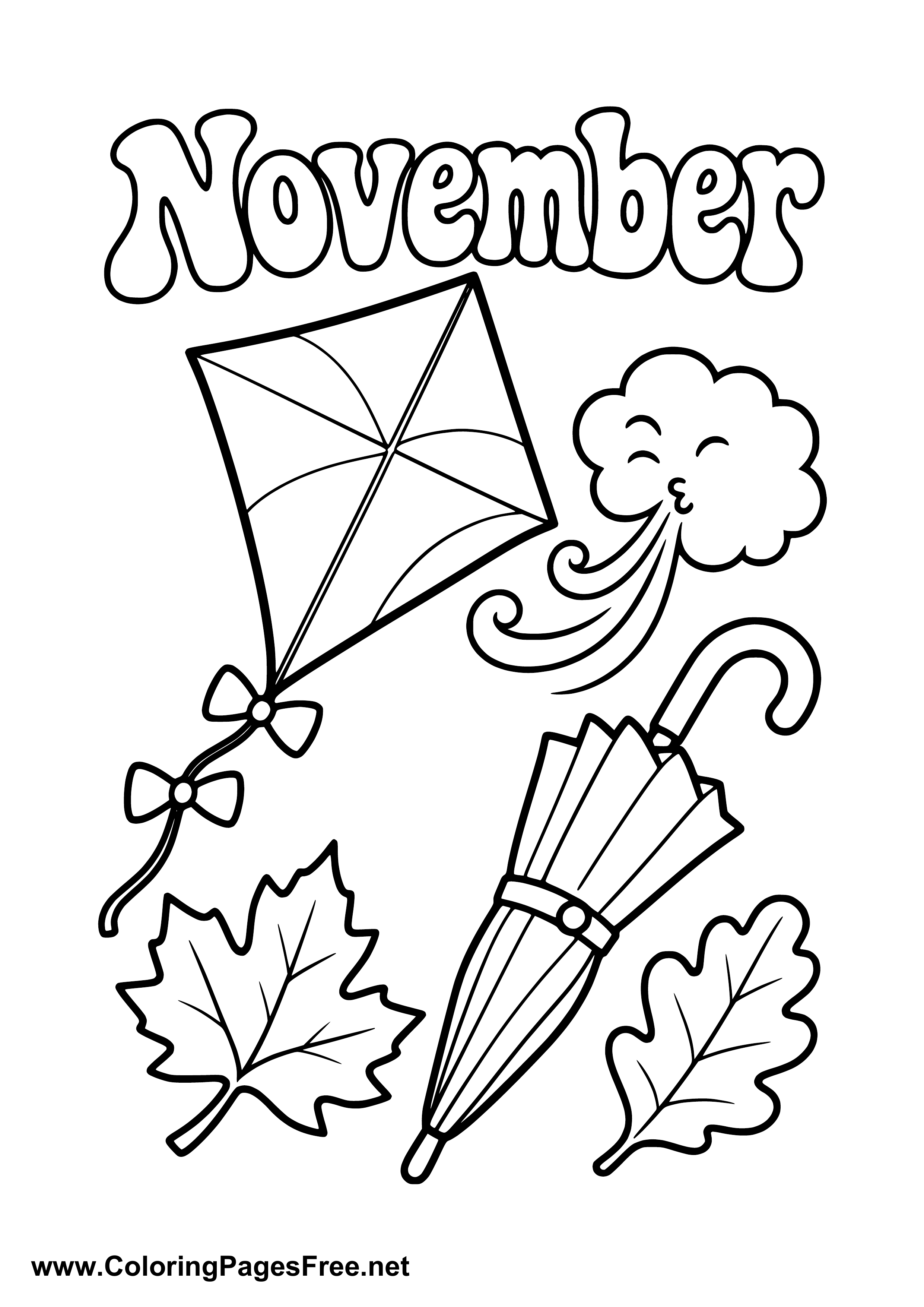 November Coloring Page of Kite with Umbrella in the Wind