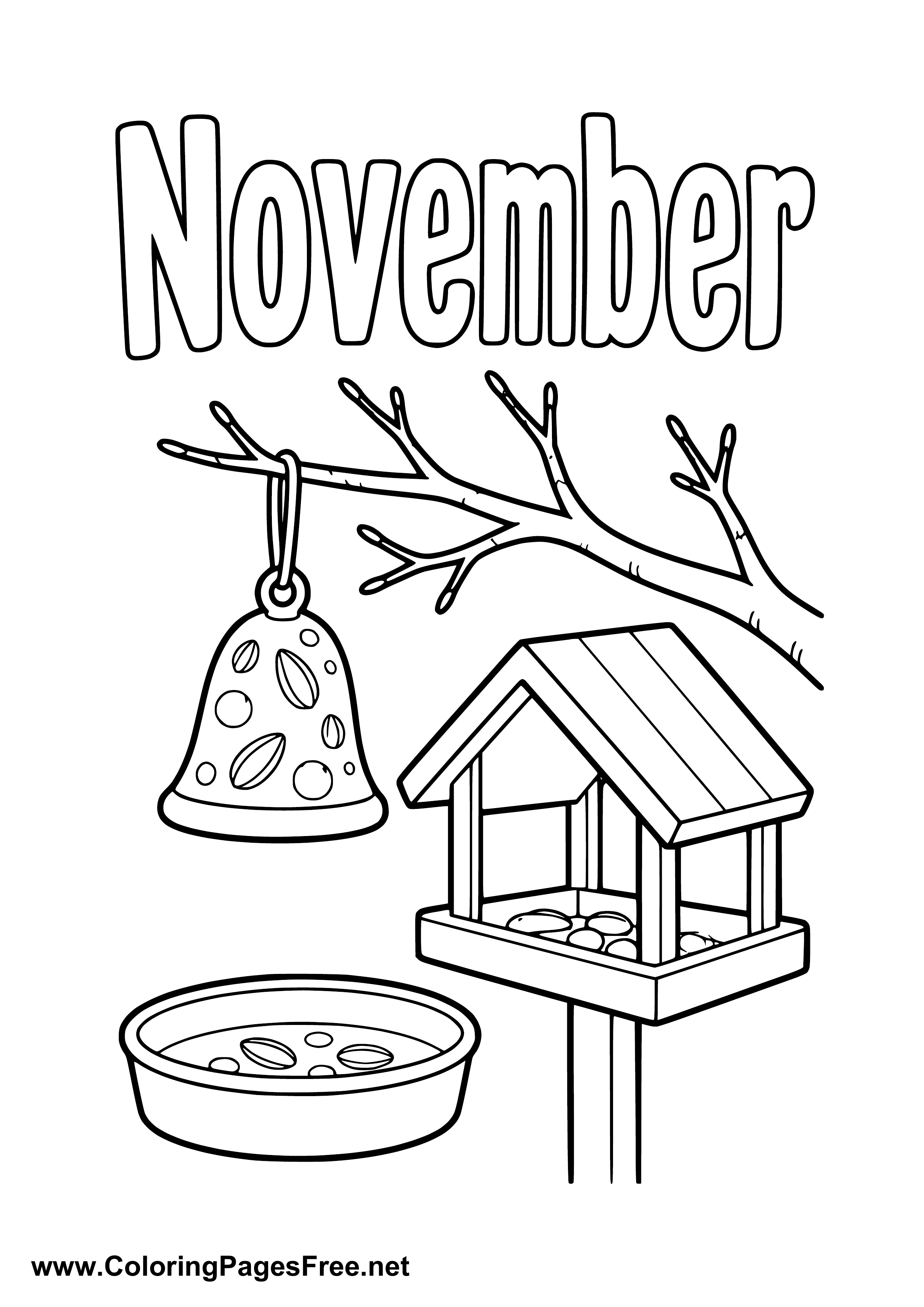 November Name Graphics November Coloring Page with Bird Feeder and Hanging Feed Bell