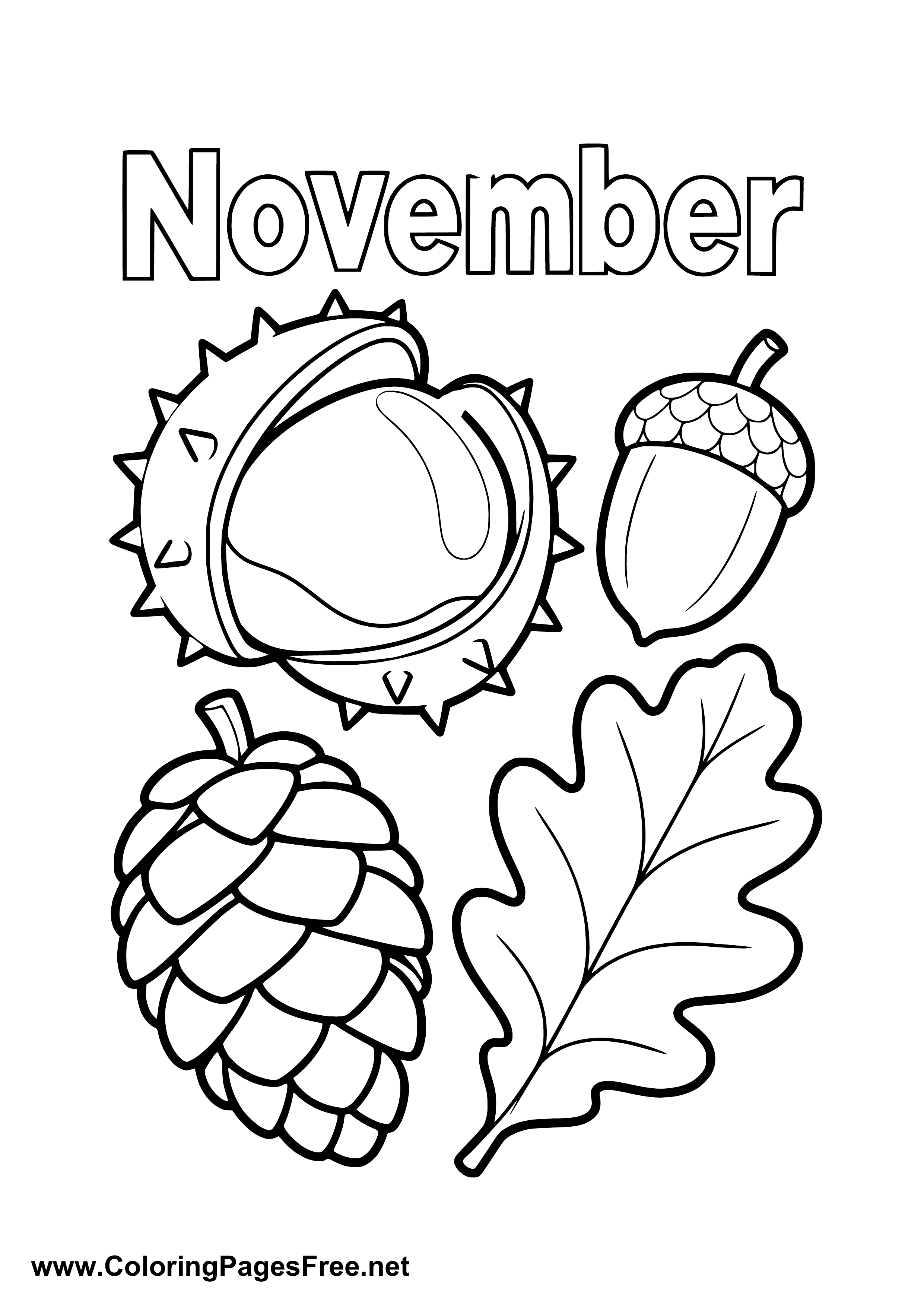 November Coloring Page with Chestnut Acorn Pine Cone and Leaf