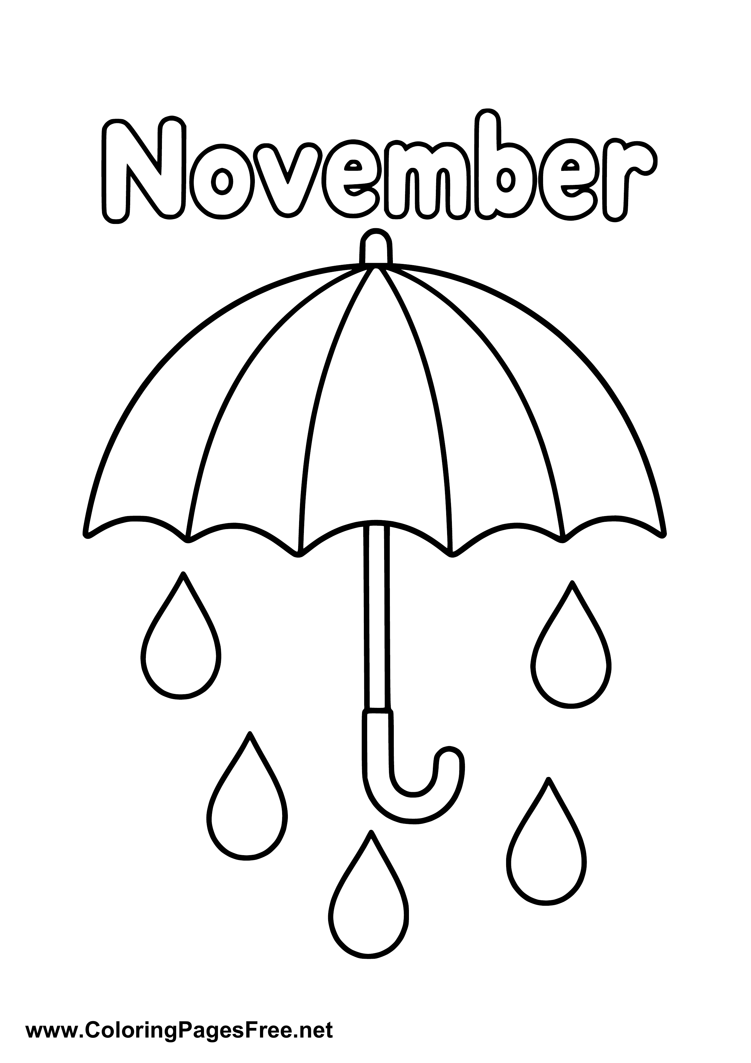 November Name Graphics November Coloring Page with Large Umbrella and Raindrops