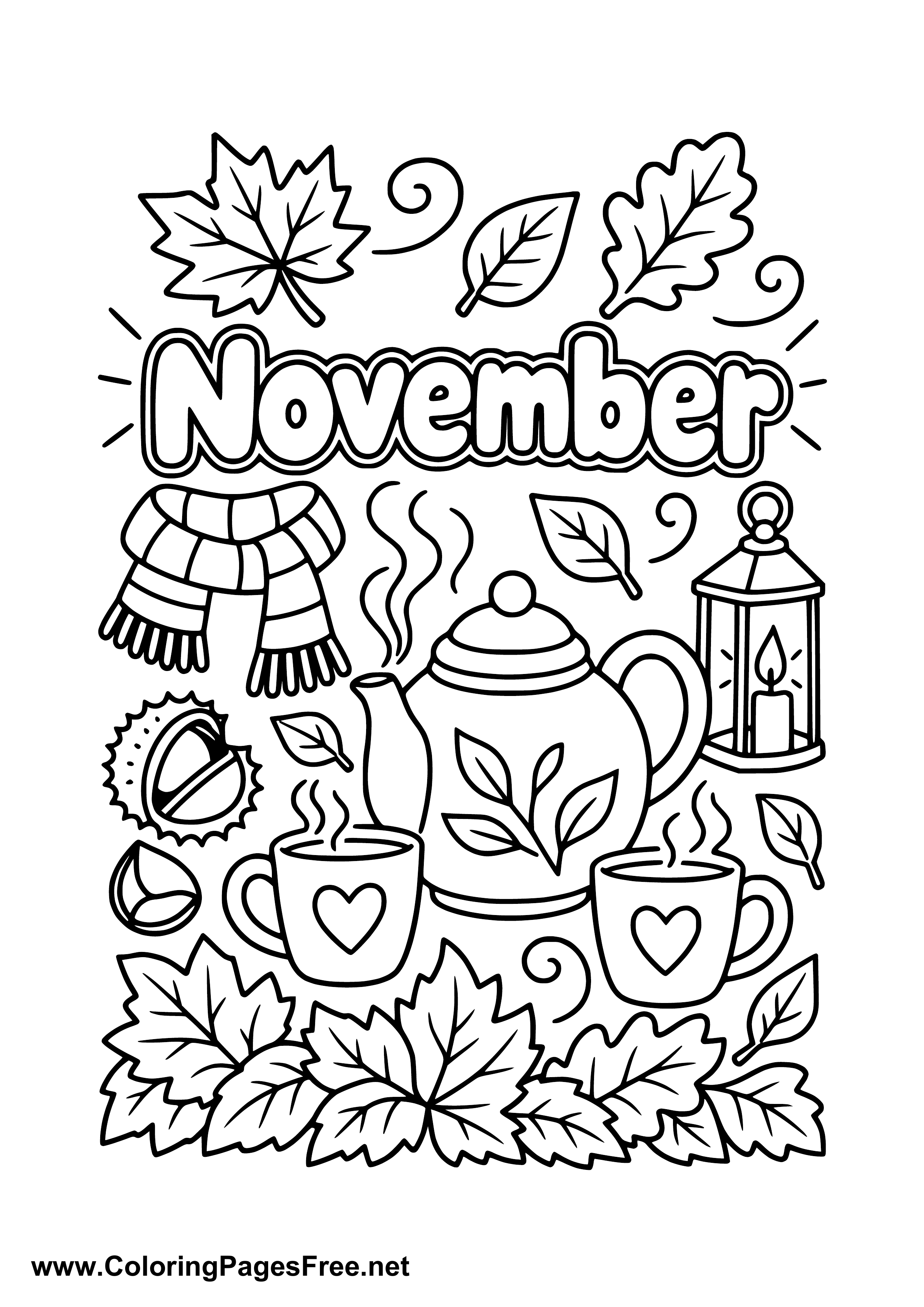 Valentine Pages Using Html November Coloring Page with Teapots and Fall Decorations