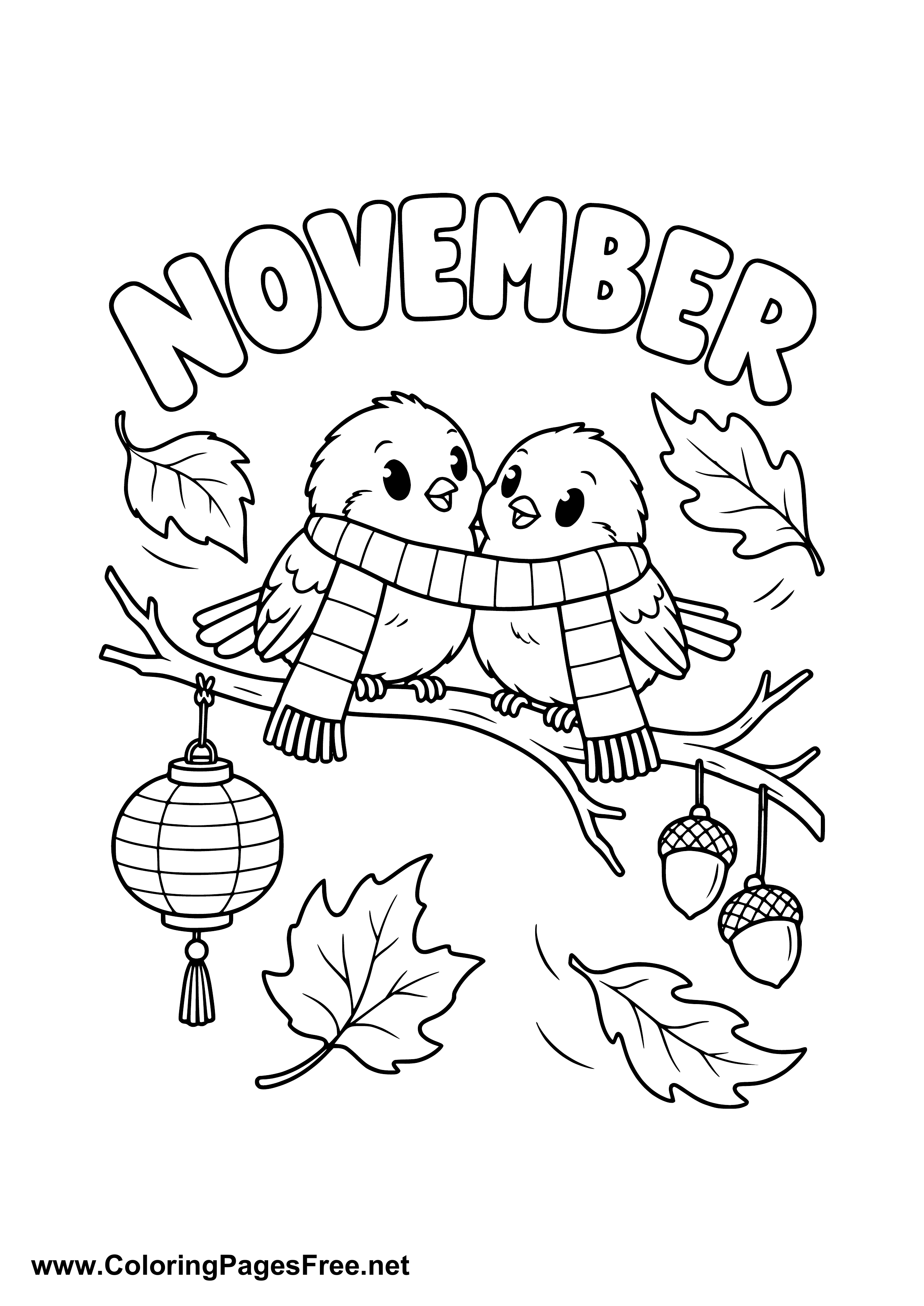 November Name Graphics November Coloring Page with Two Sparrows Wearing Scarves