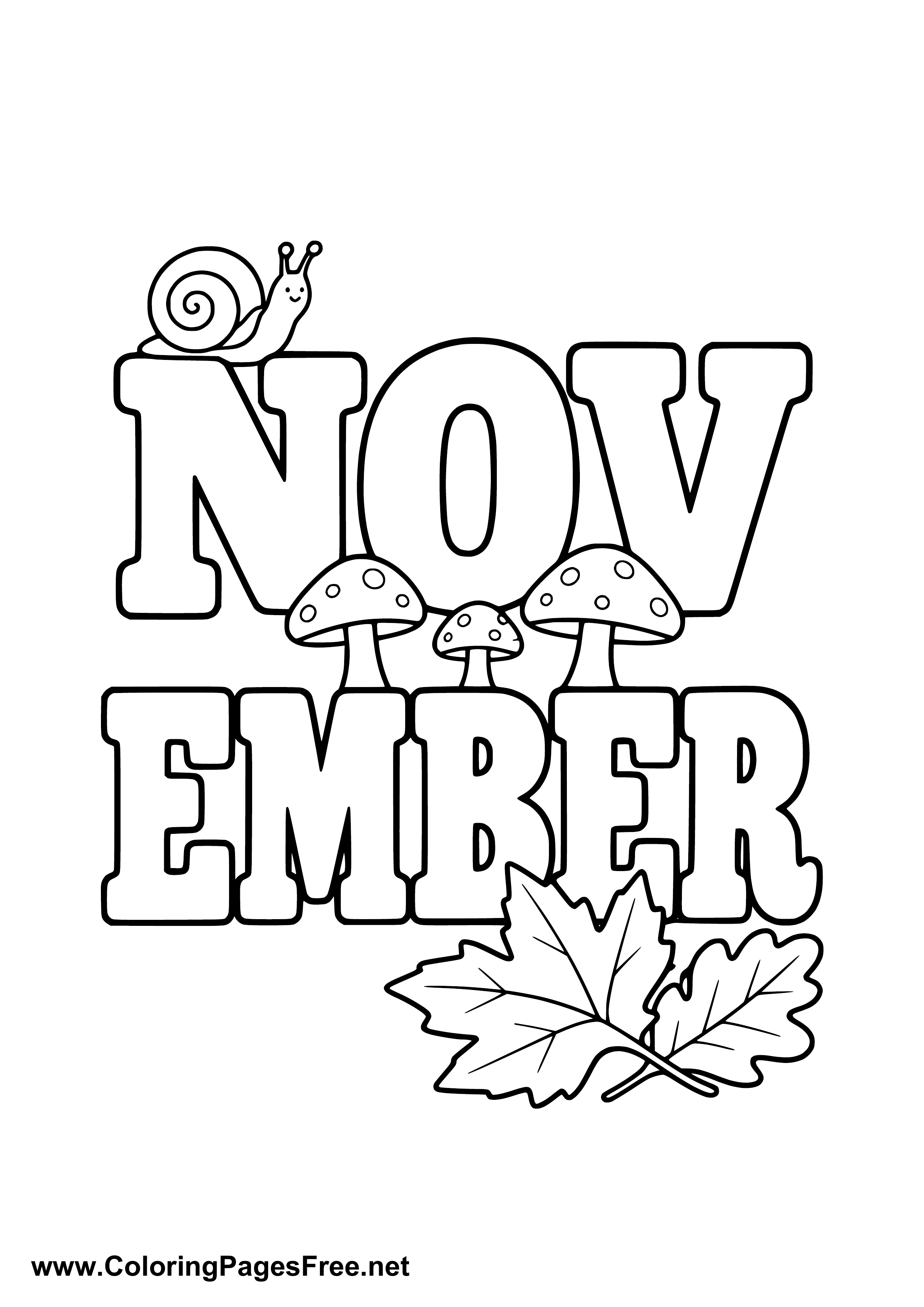 November Lettering Template November Lettering Coloring Page with Mushrooms and Leaves