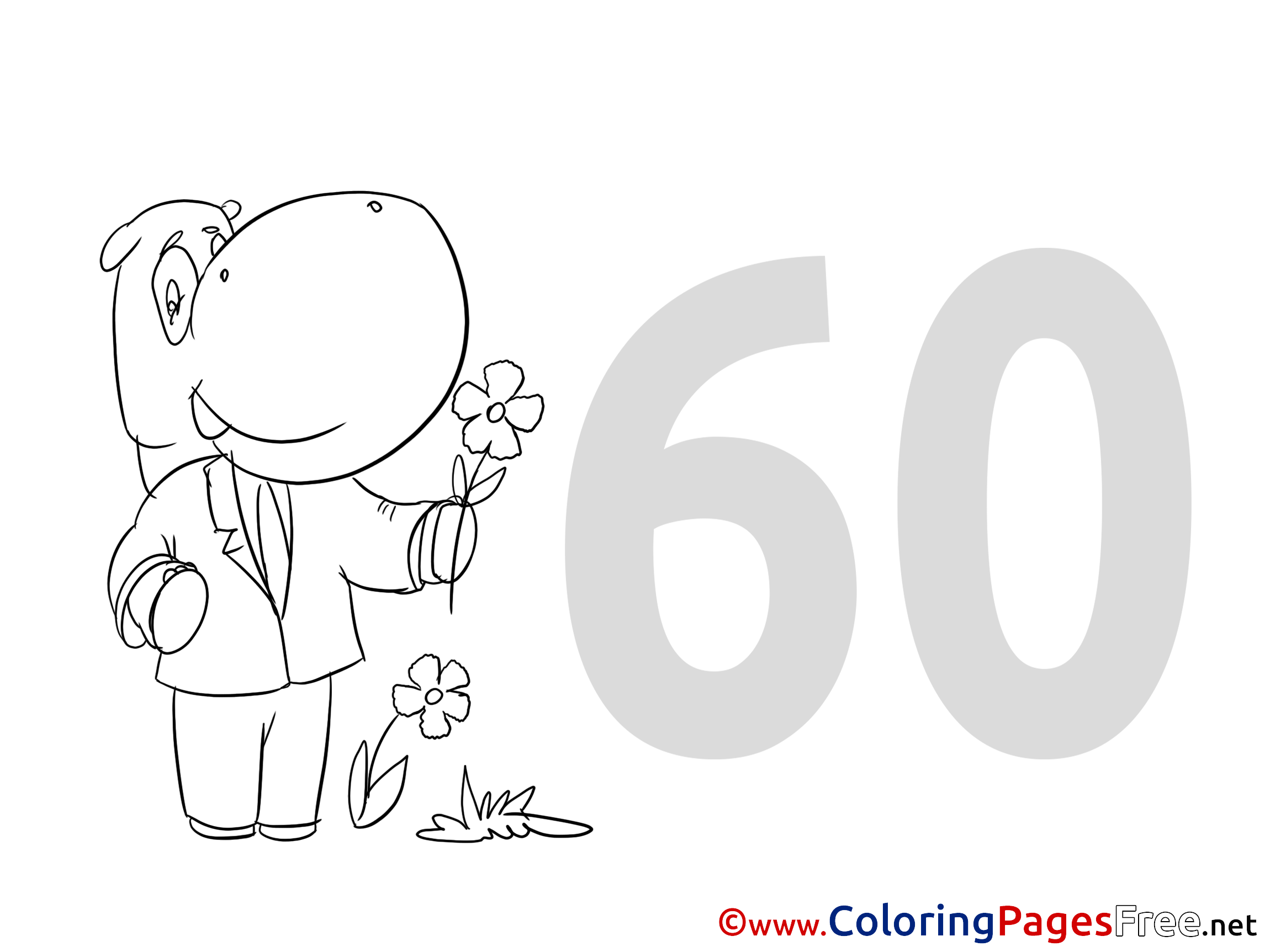 60 years hippo for kids happy birthday colouring page