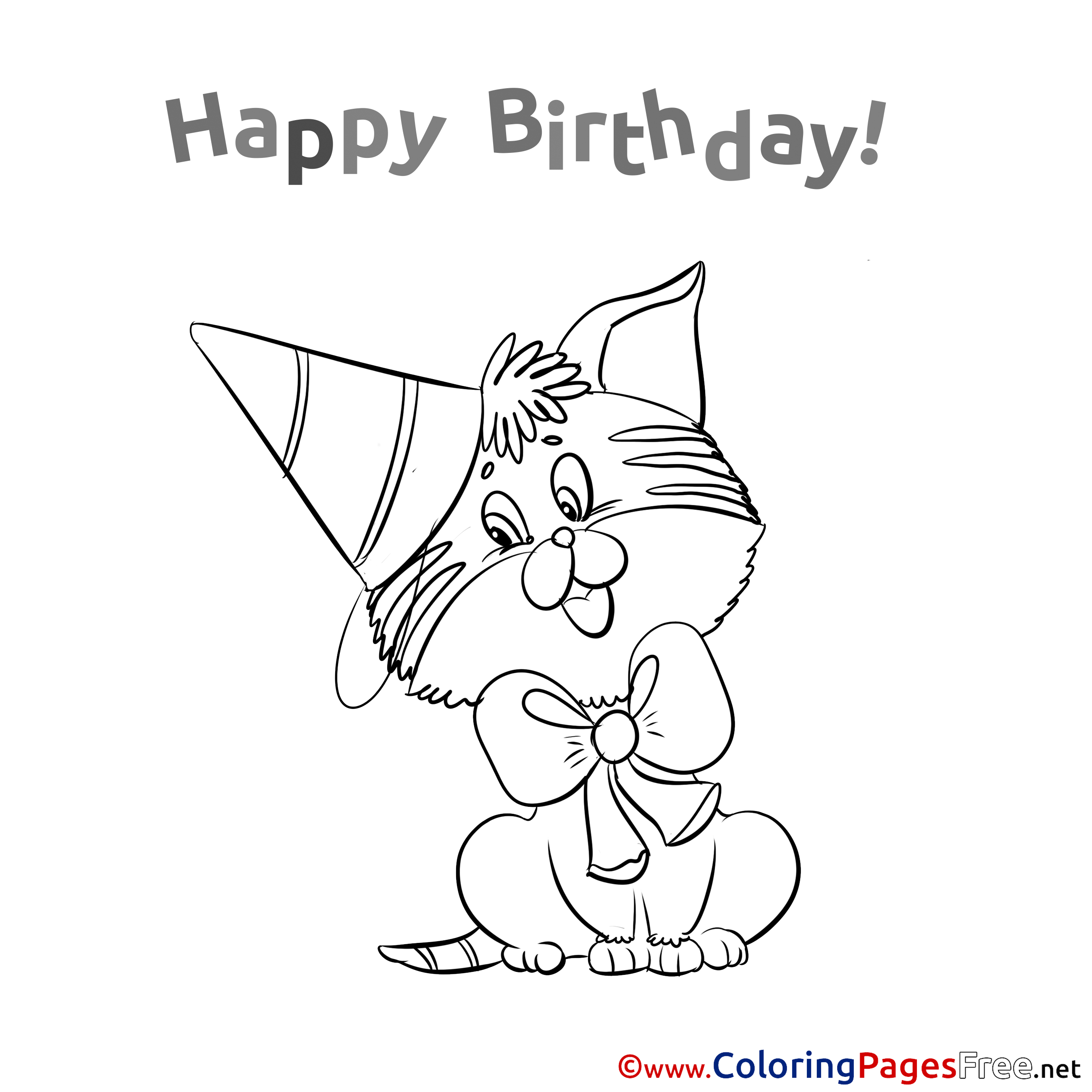 Kitten Kids Happy Birthday Coloring Page