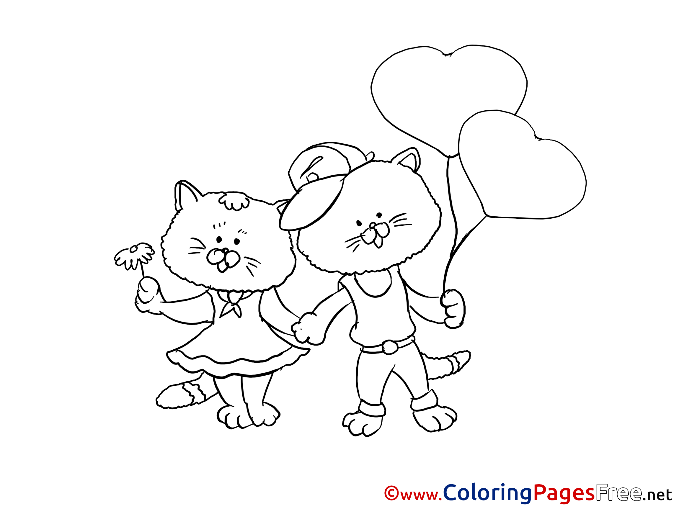Download Hearts Cat for Kids printable Colouring Page