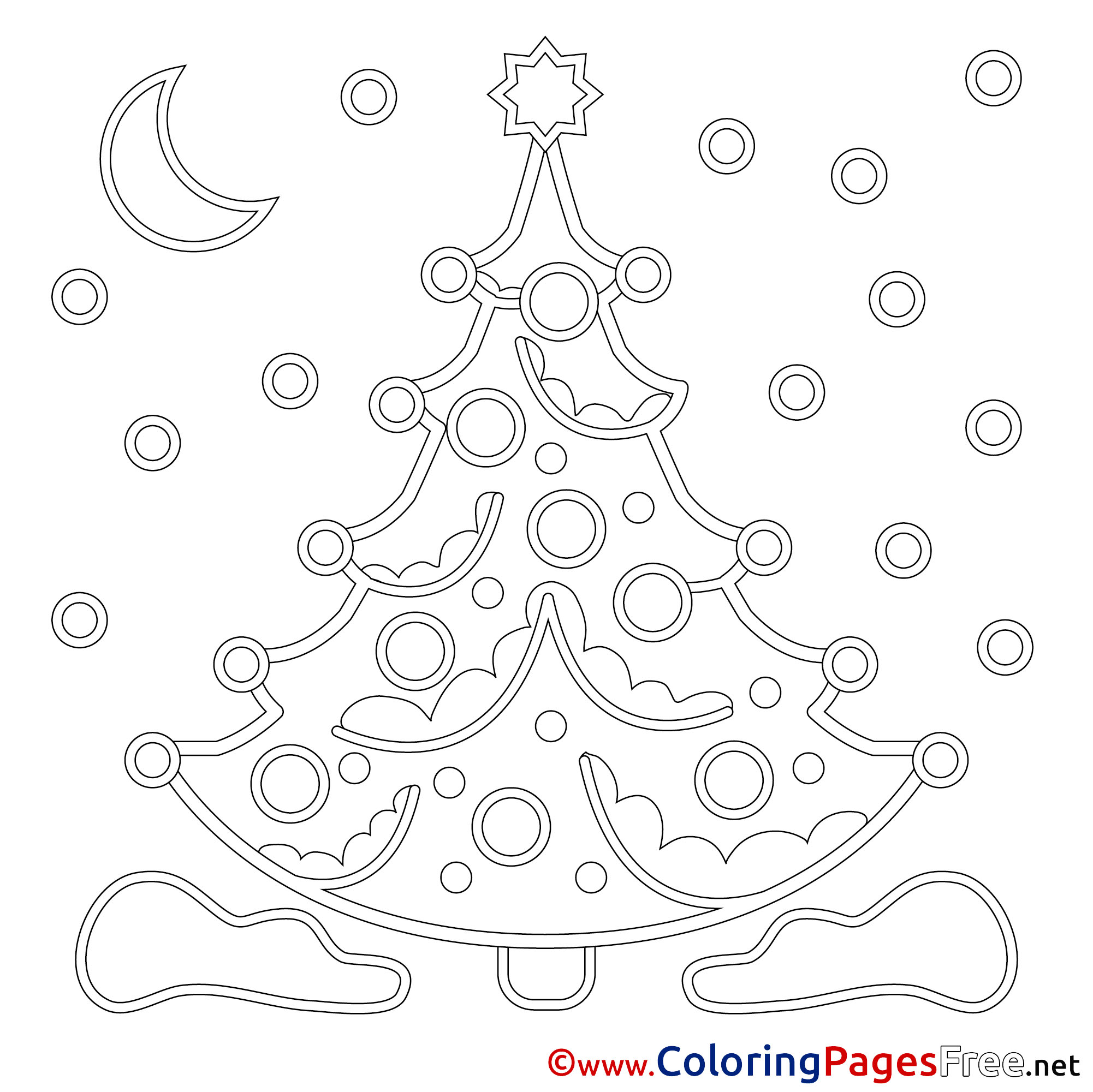 Snow Night Tree Christmas Coloring Pages Free