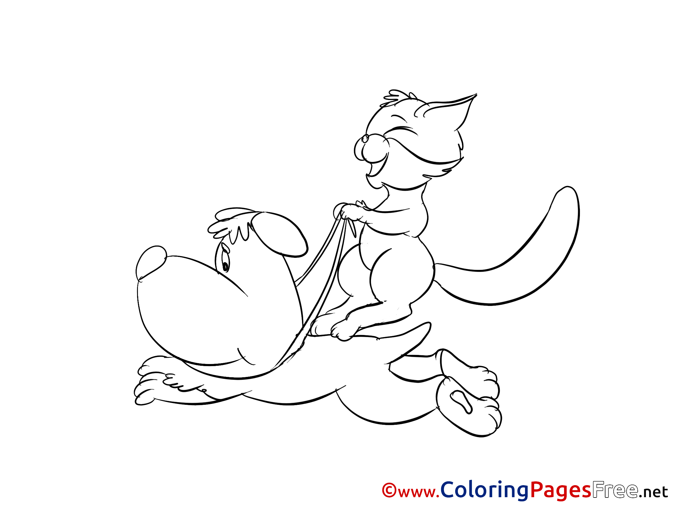 Cat Riding Dog Kids Free Coloring Page