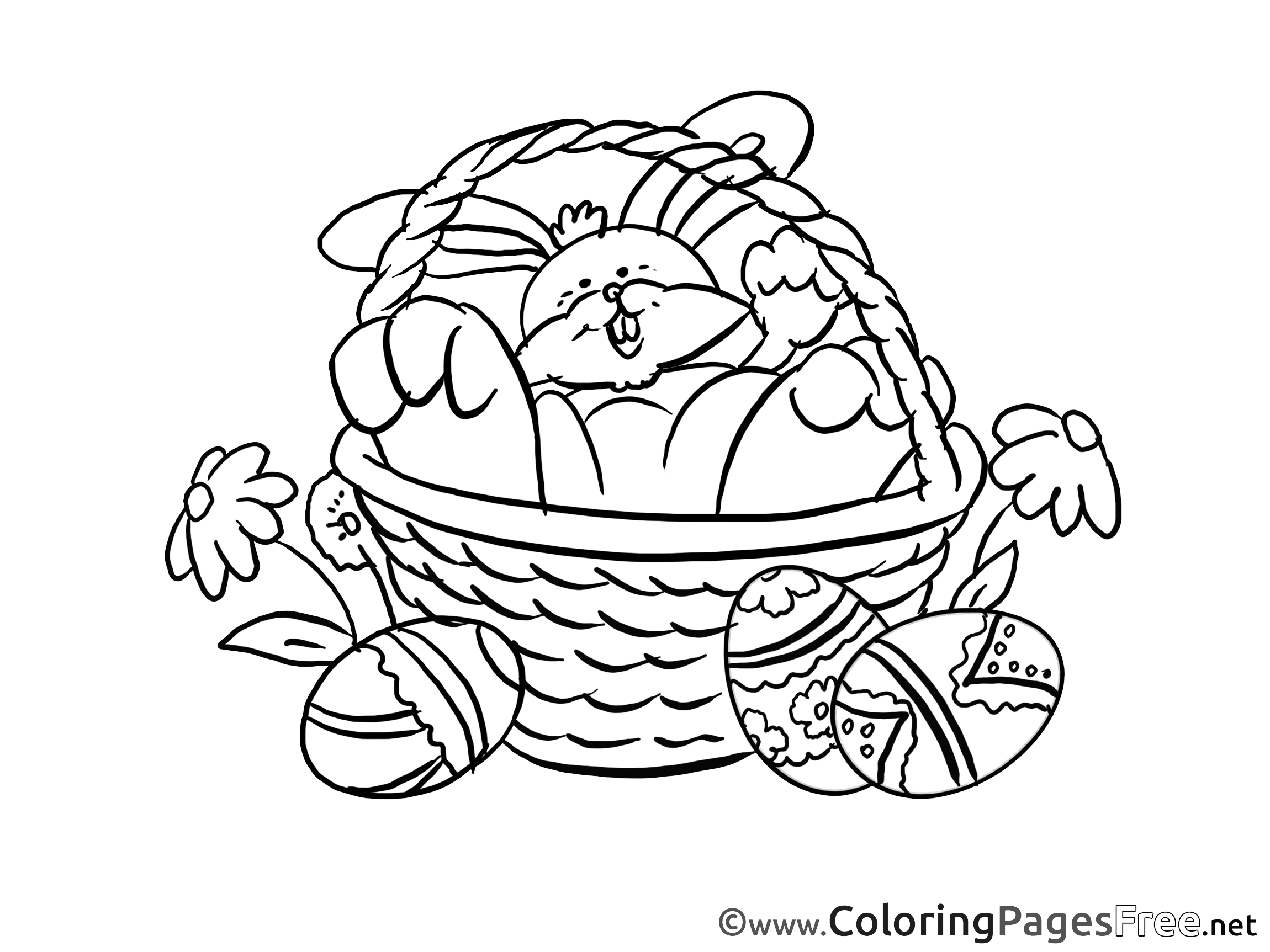 Rabbit in Basket free Colouring Page Easter