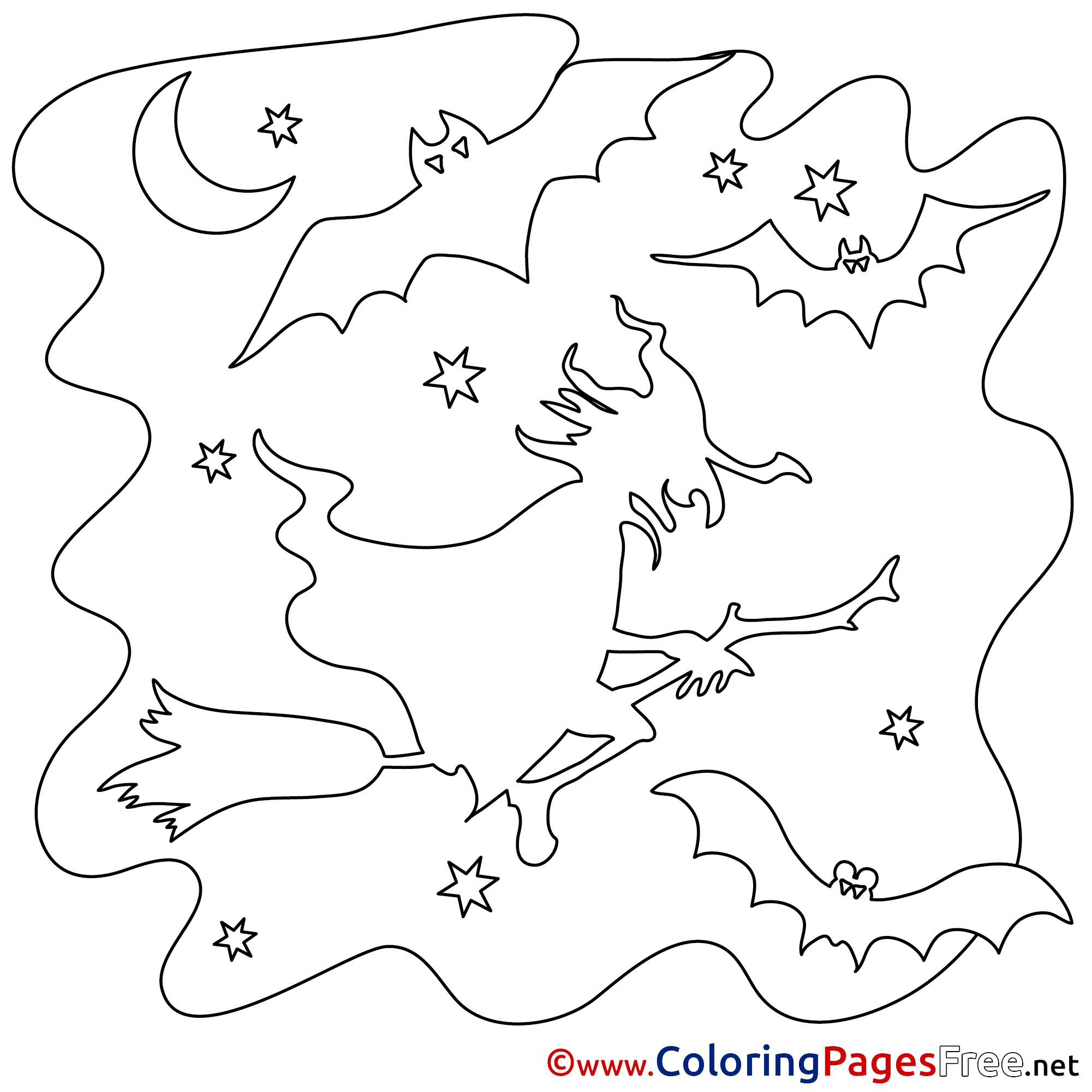 Moon Kids Witch Halloween Coloring Pages