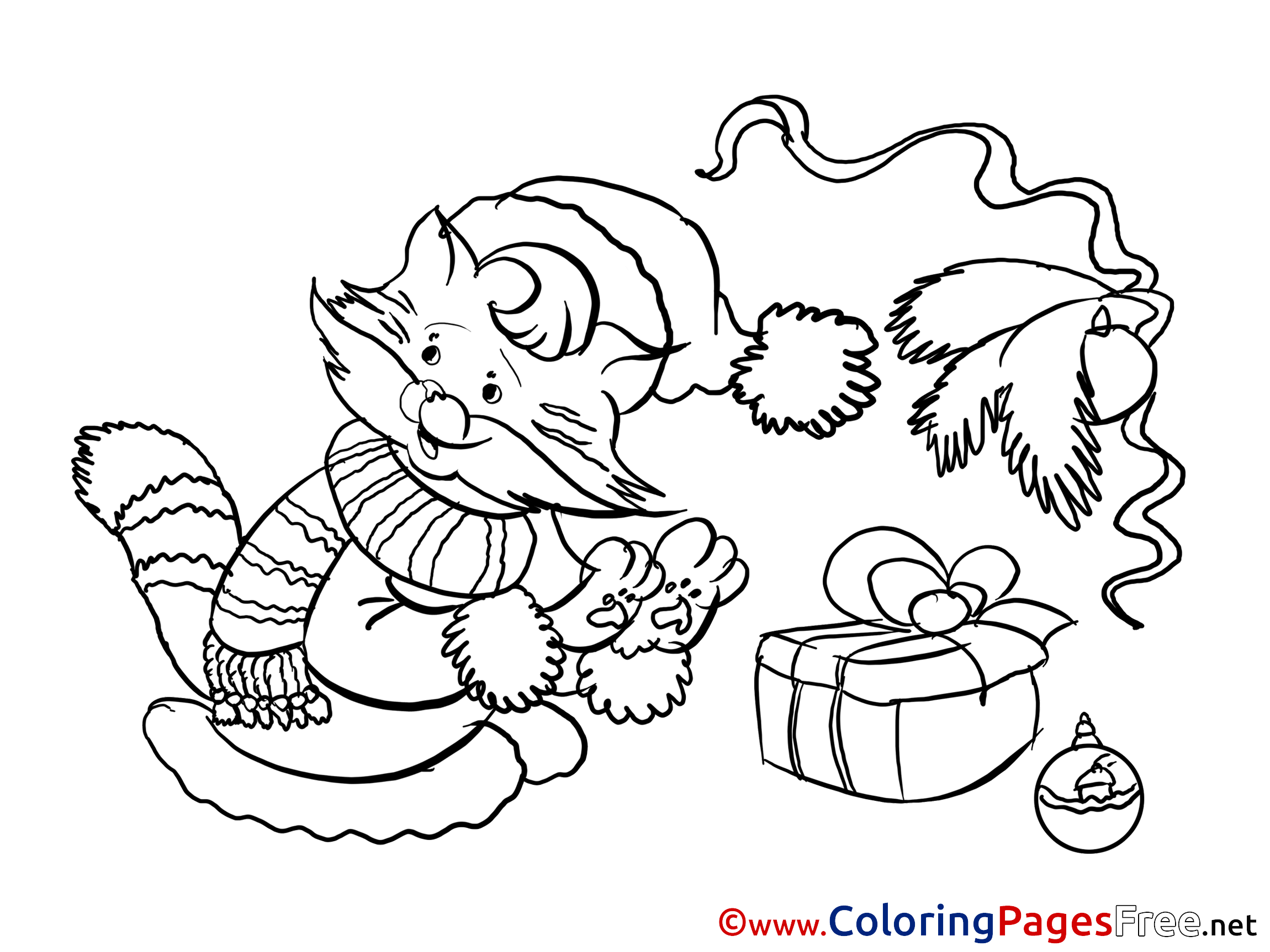 Download Cat in Scarf printable New Year Coloring Sheets