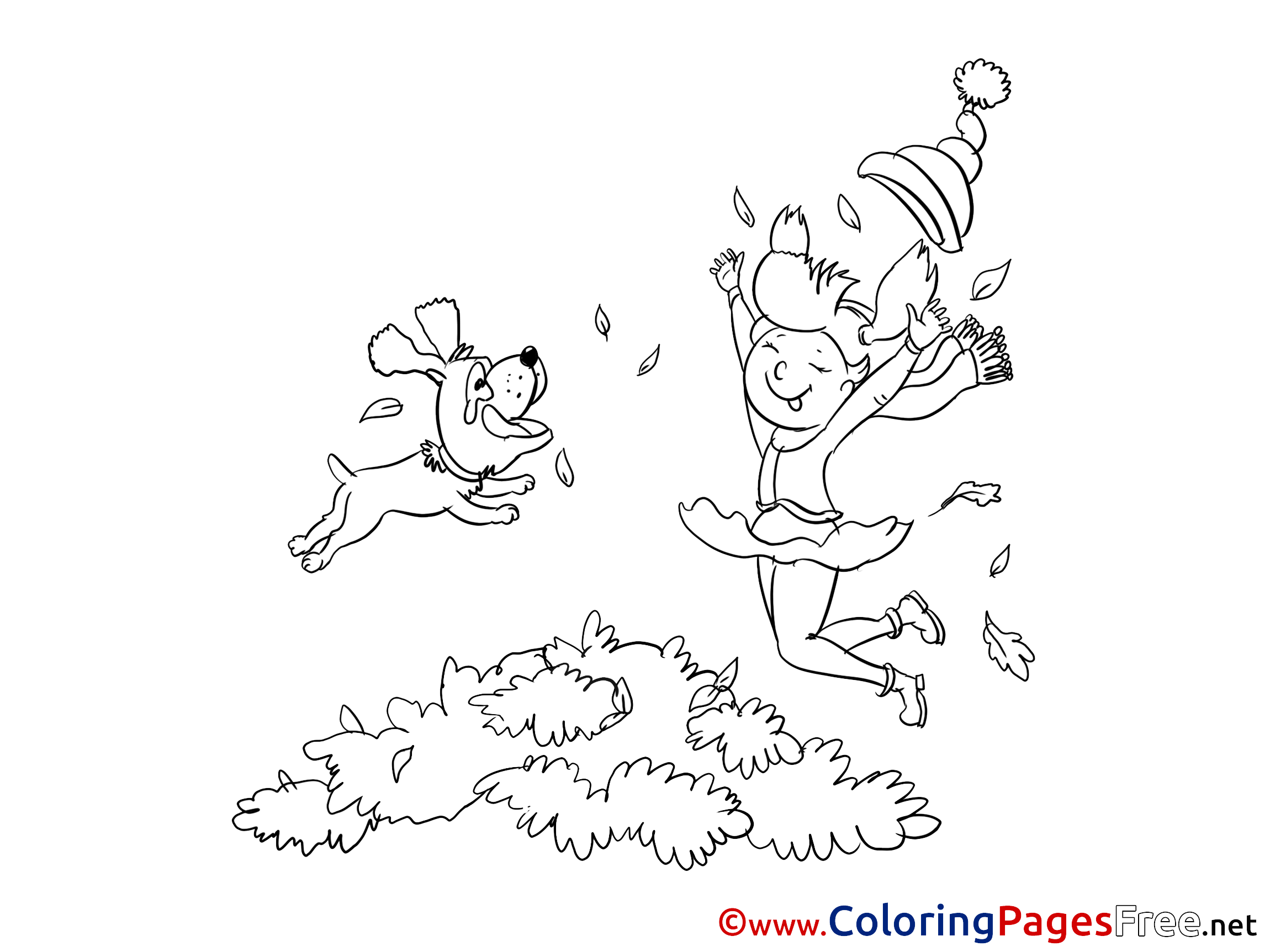Dog jumps with Girl Coloring Pages for free