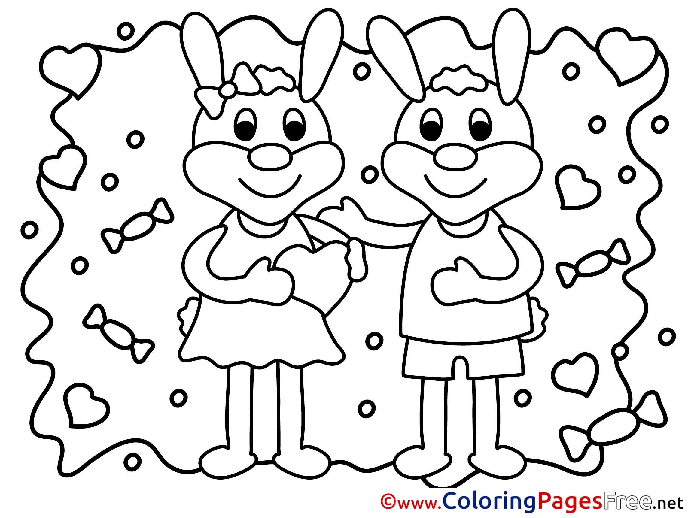 Rabbits free Valentine's Day Coloring Sheets