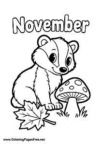 November Coloring Page of Badger with Toadstool and Fall Leaf