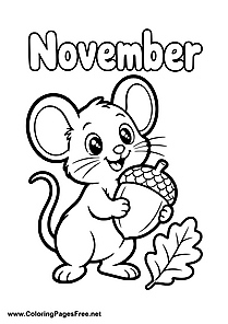 November Coloring Page of Cute Mouse with Large Acorn